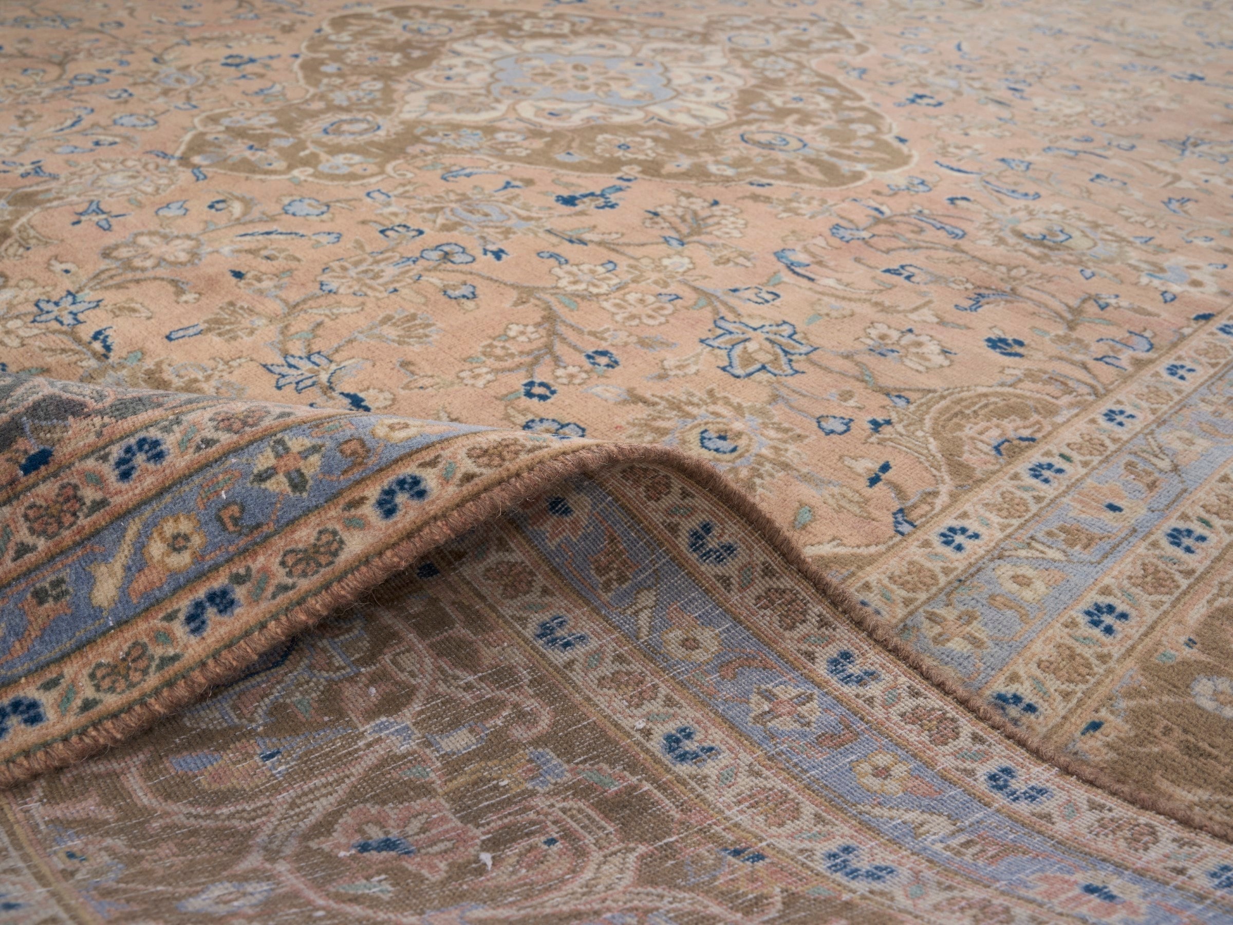 Persian Kashan oversized rug in tan and antique gold, view 14 of 15