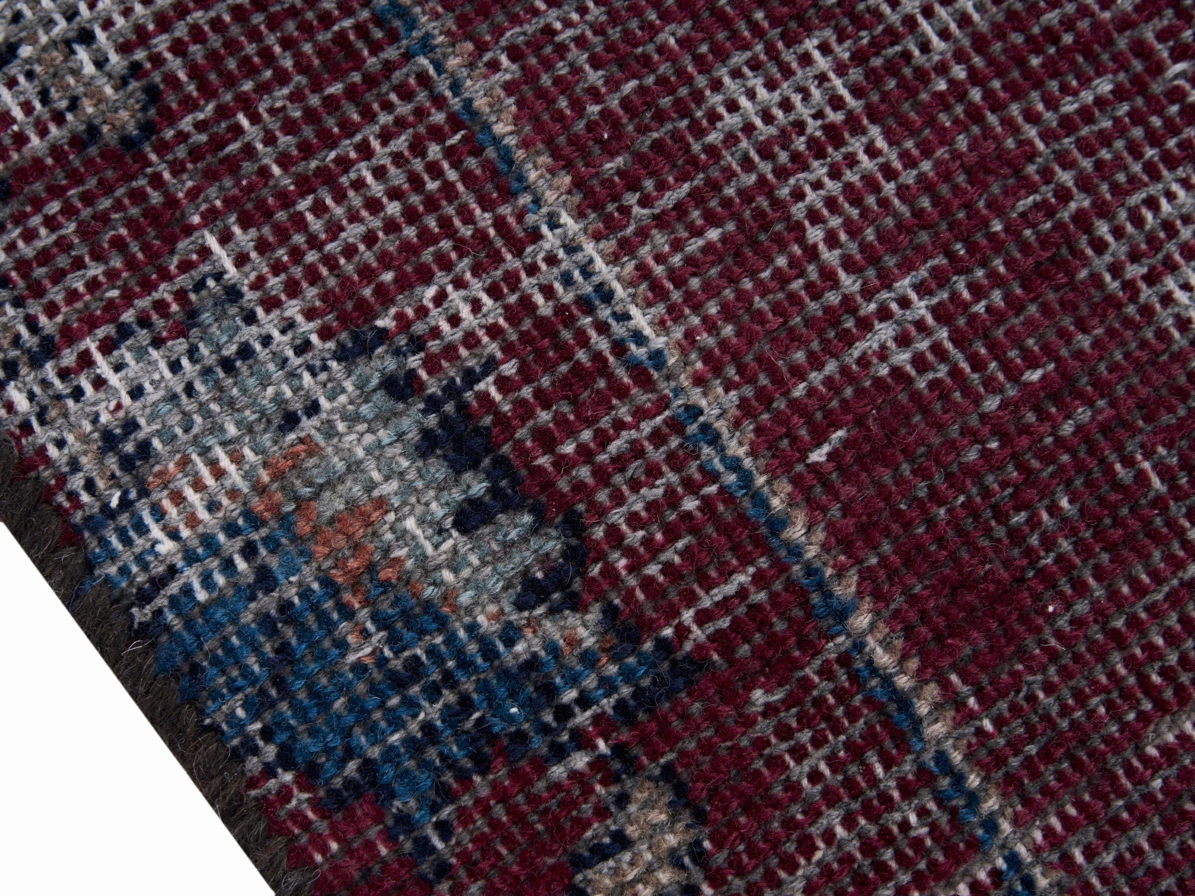 Persian Tabriz runner rug in burgundy and faded red, view 6 of 10