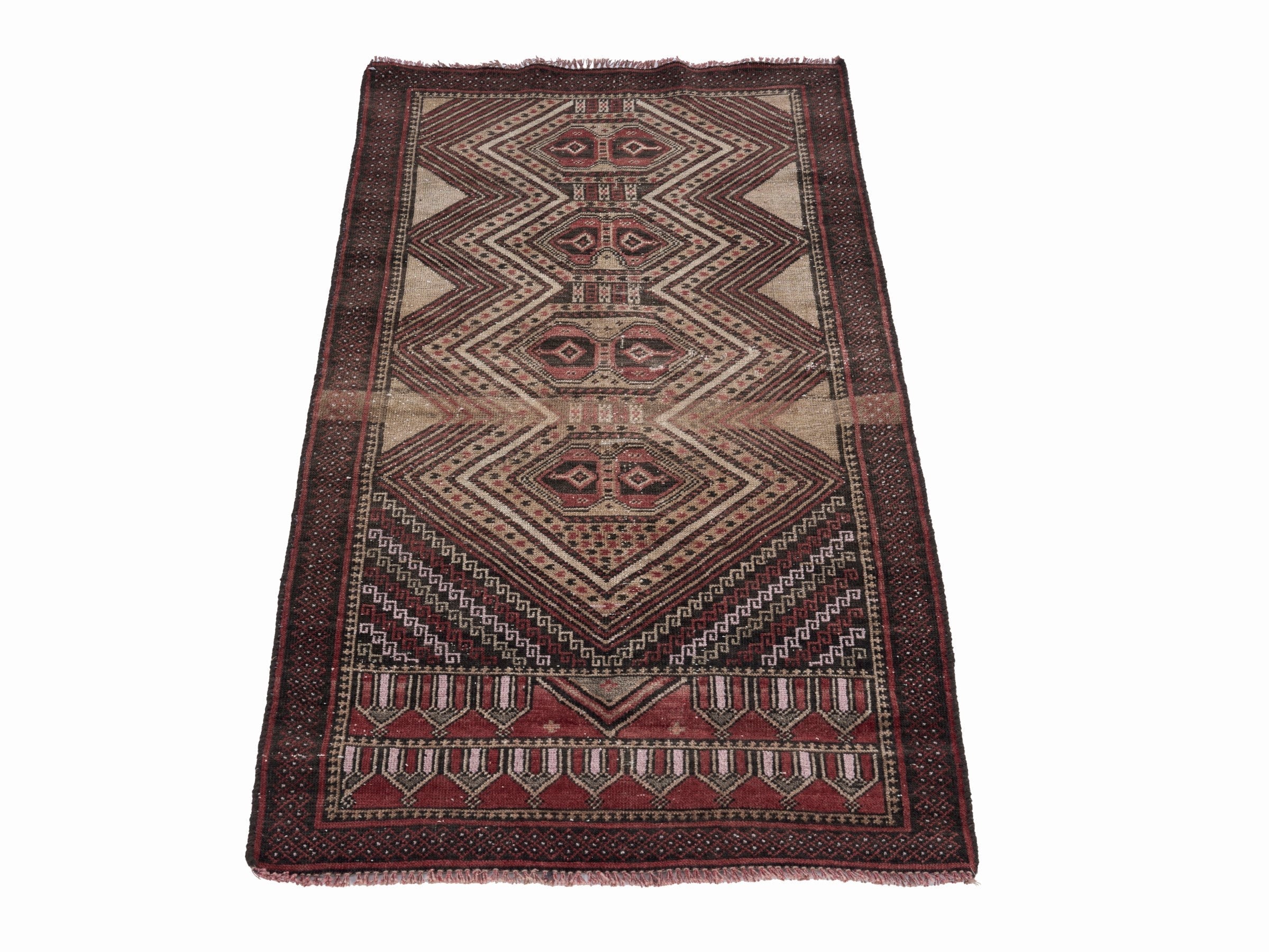 Persian Baluch accent rug in cream and burgundy, view 2 of 10