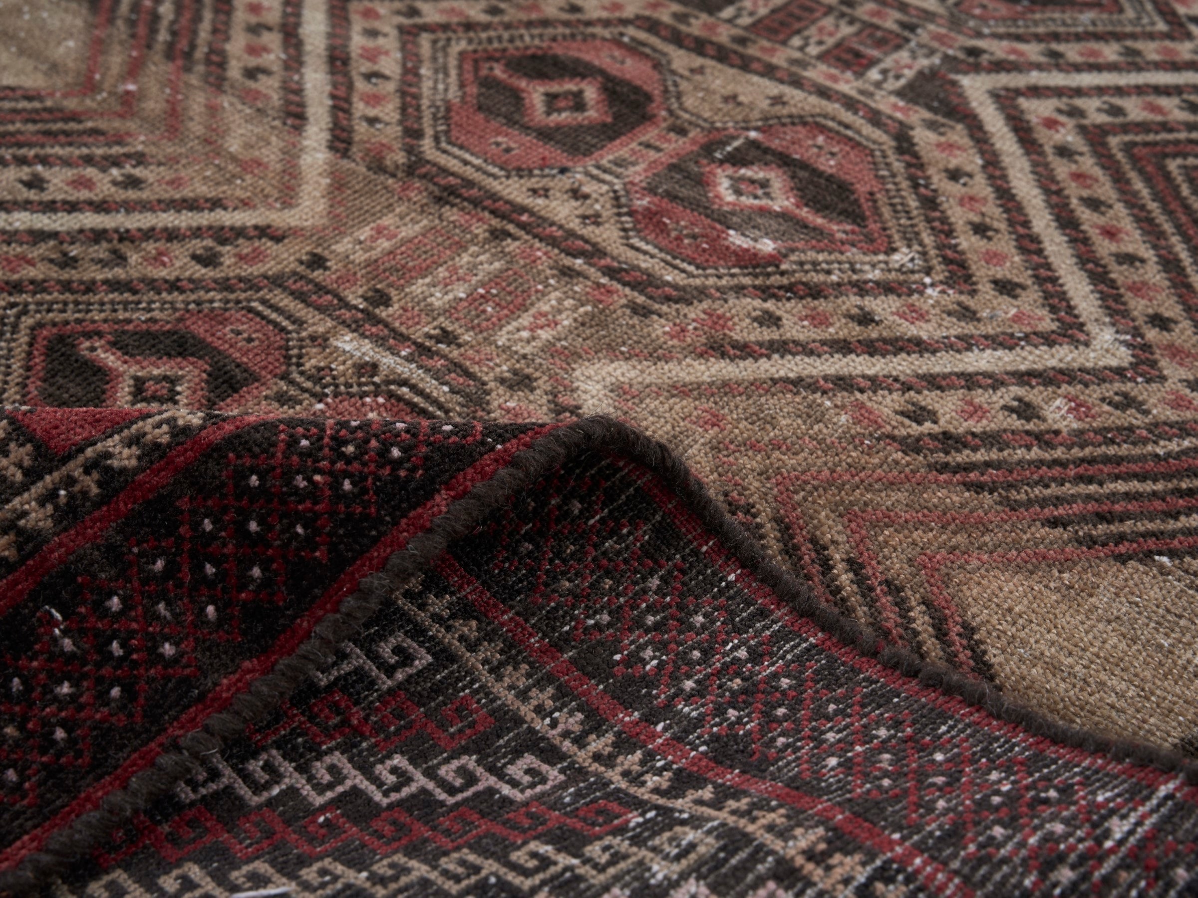 Persian Baluch accent rug in cream and burgundy, view 9 of 10