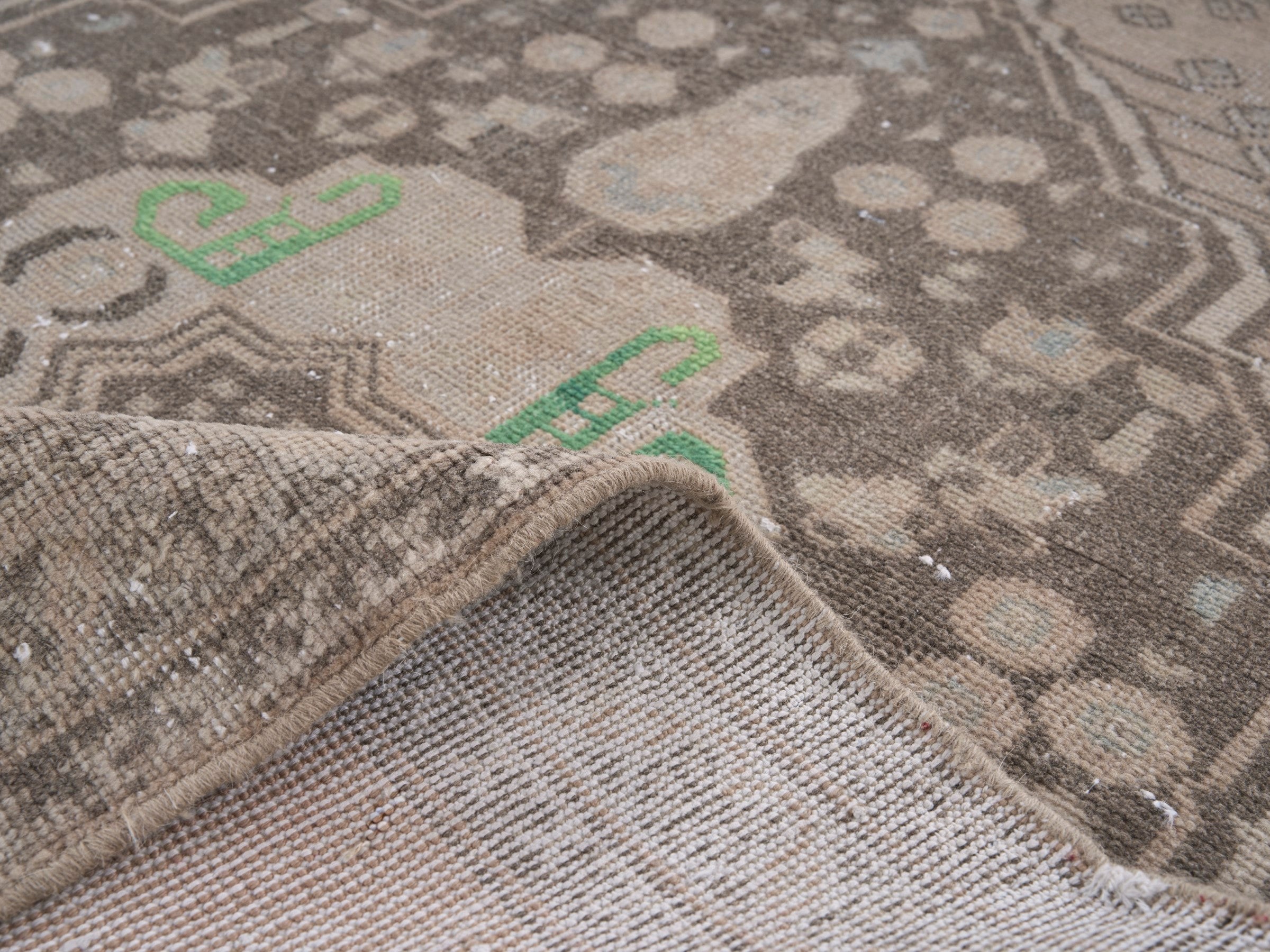 Persian Shiraz accent rug in taupe and greige, view 9 of 10
