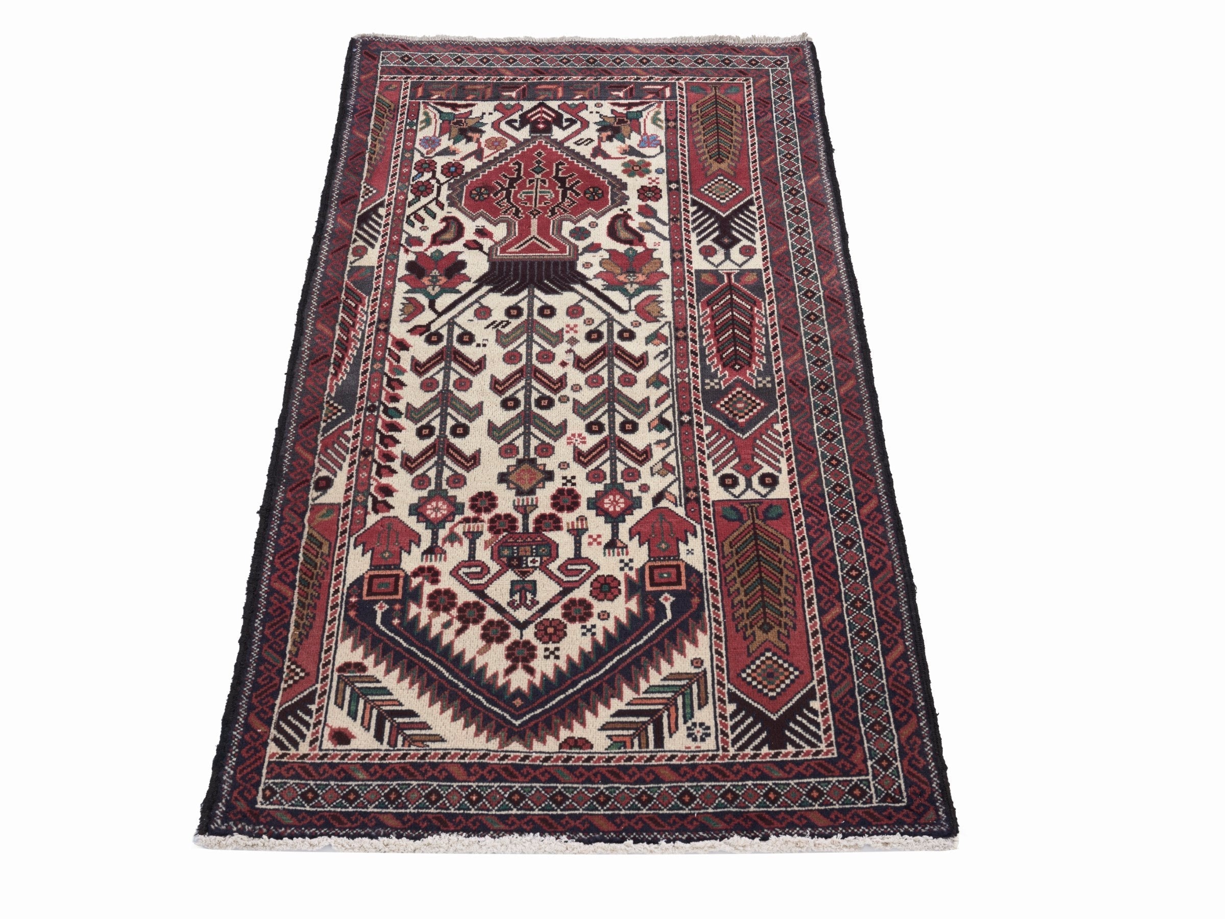 Persian Baluch runner rug in cream and burgundy, view 2 of 10