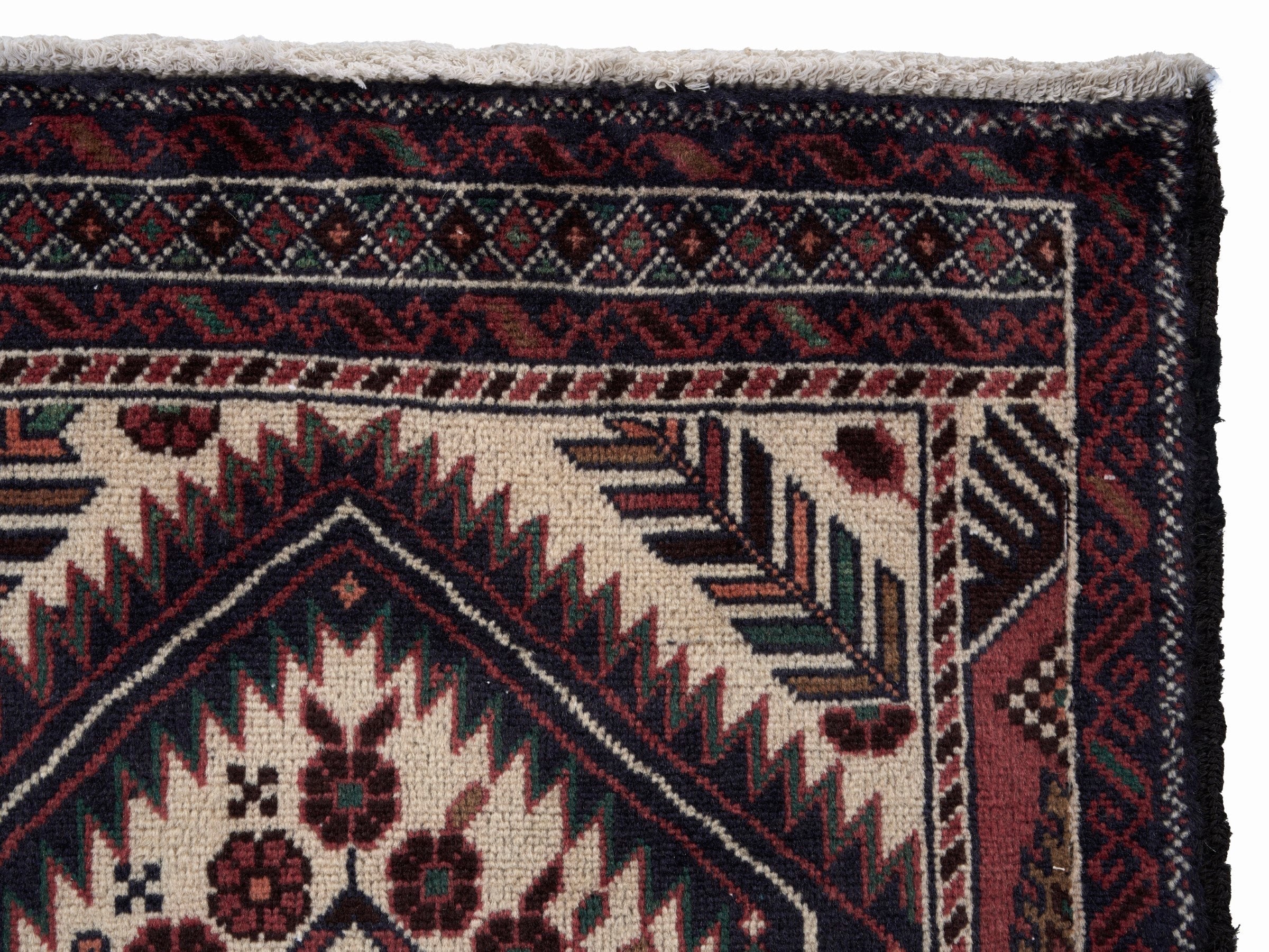 Persian Baluch runner rug in cream and burgundy, view 8 of 10