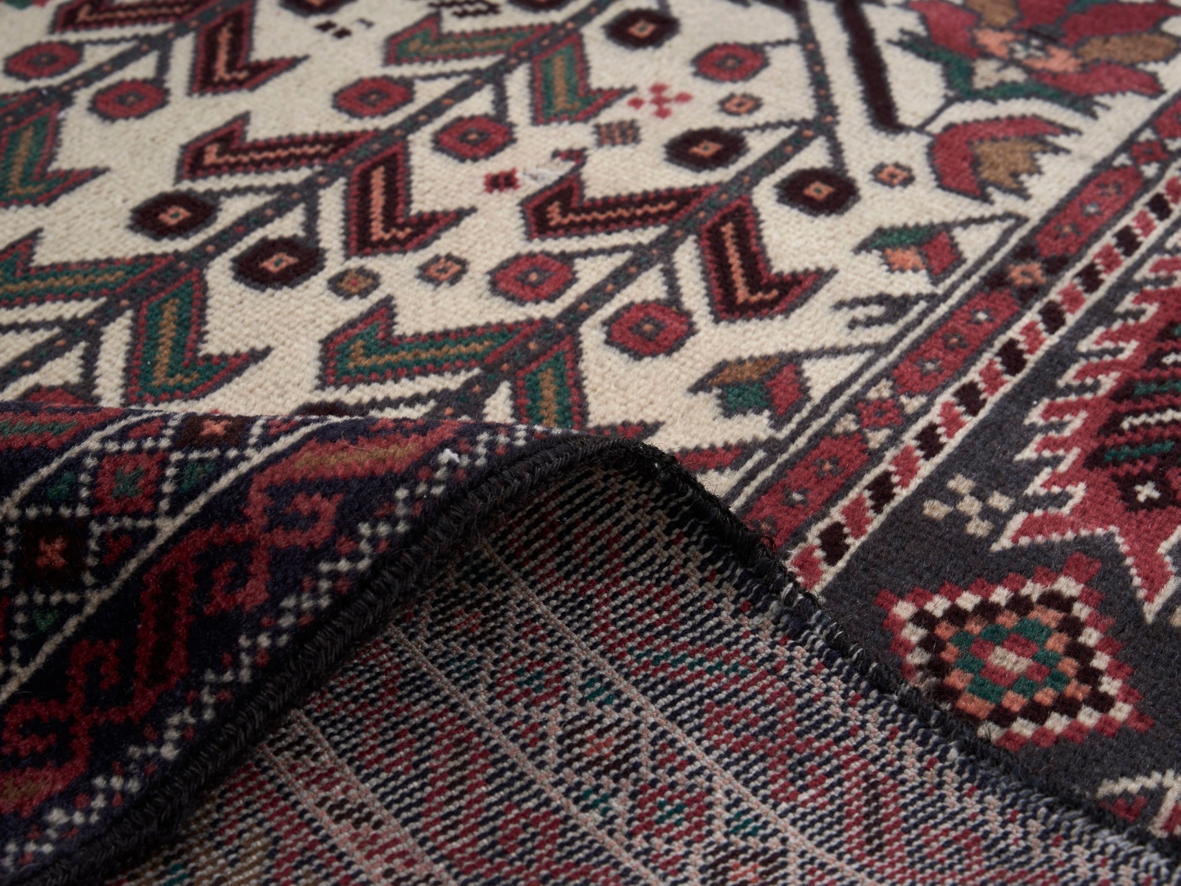 Persian Baluch runner rug in cream and burgundy, view 9 of 10
