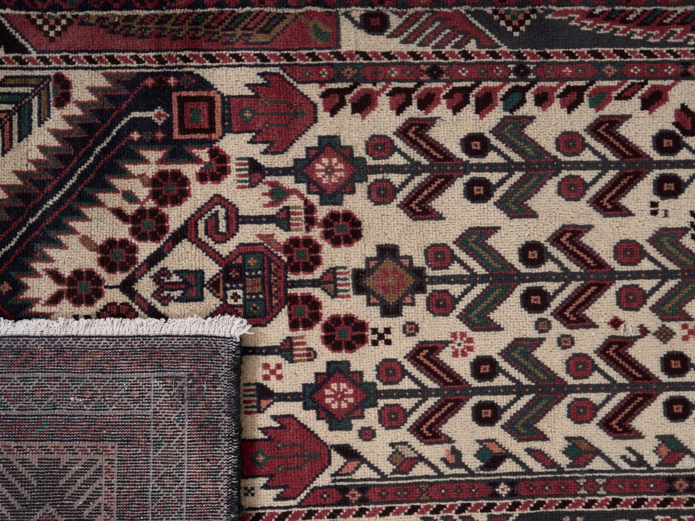 Persian Baluch runner rug in cream and burgundy, view 10 of 10
