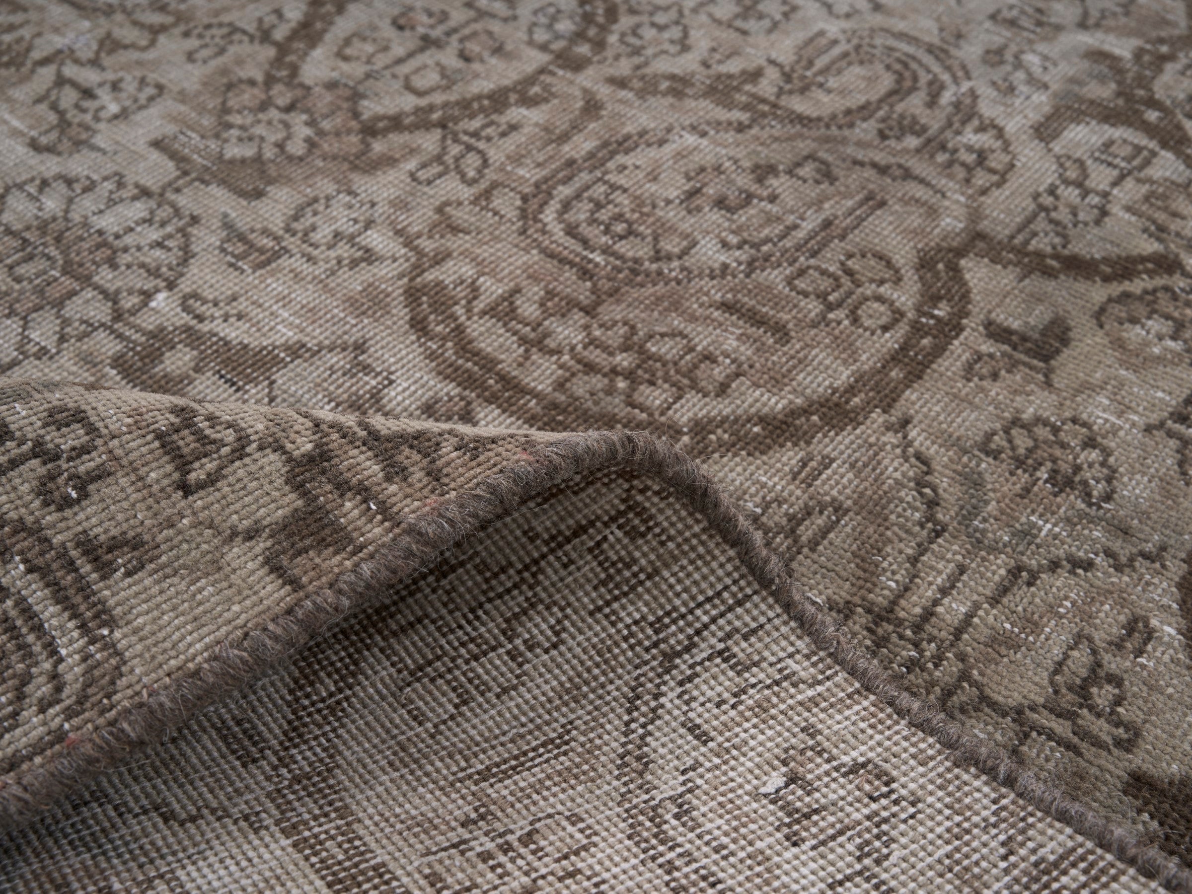 Persian Tabriz runner rug in taupe and greige, view 9 of 10