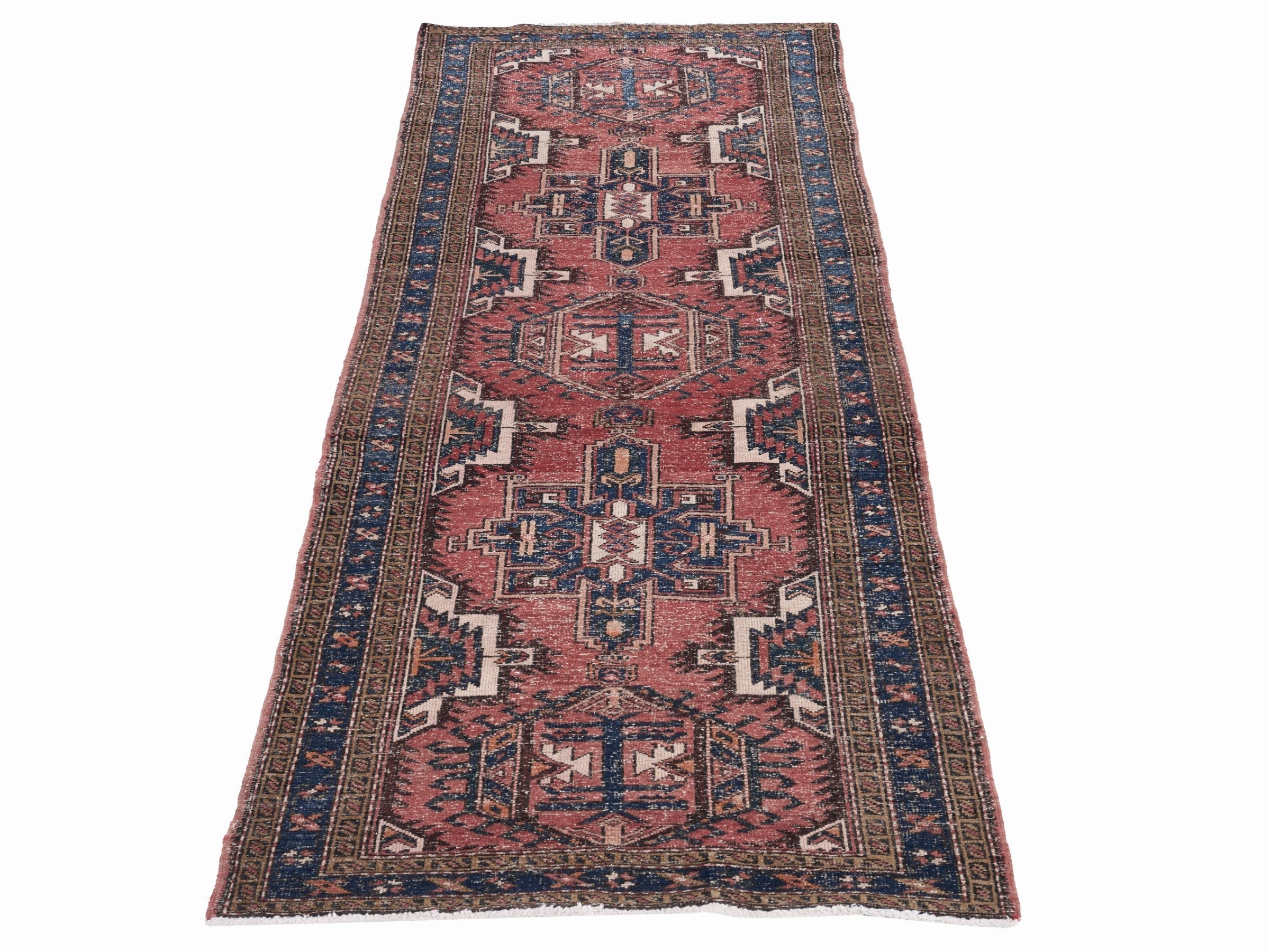 Persian Gharajeh runner rug in faded red and navy, view 2 of 10