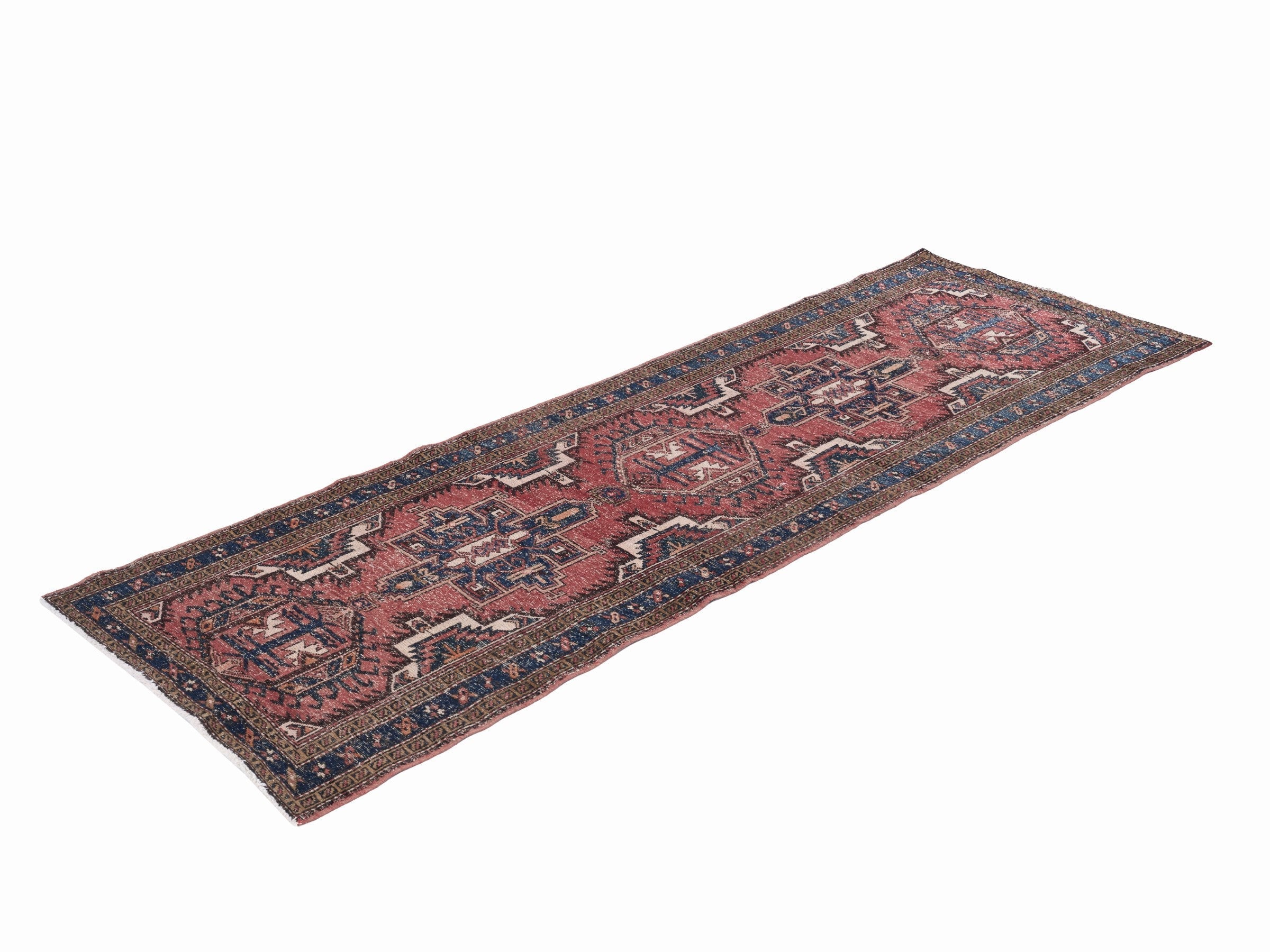 Persian Gharajeh runner rug in faded red and navy, view 3 of 10