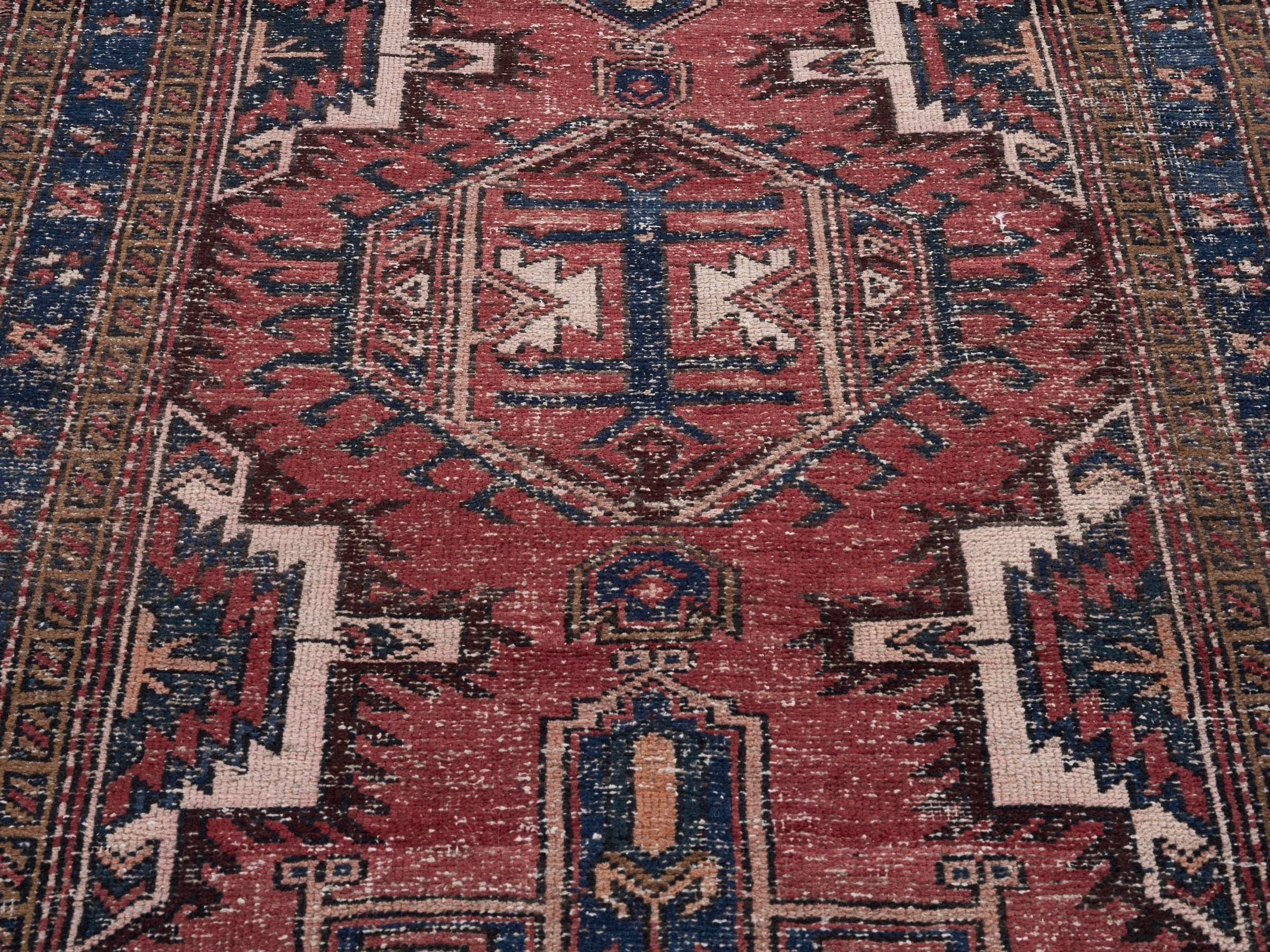 Persian Gharajeh runner rug in faded red and navy, view 4 of 10