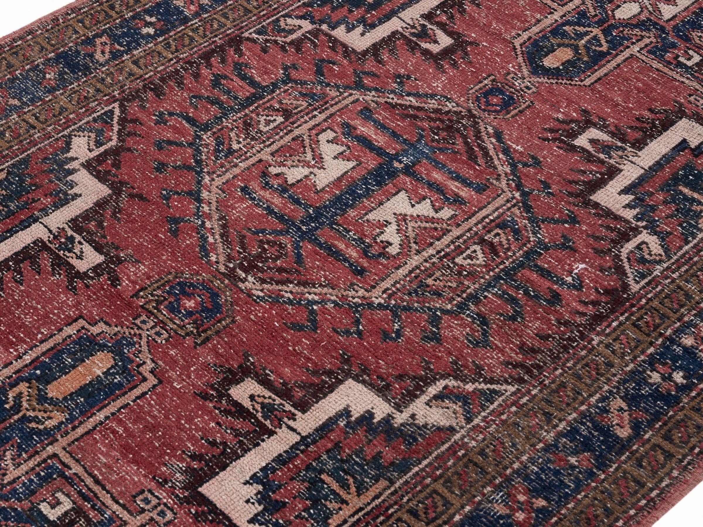 Persian Gharajeh runner rug in faded red and navy, view 5 of 10