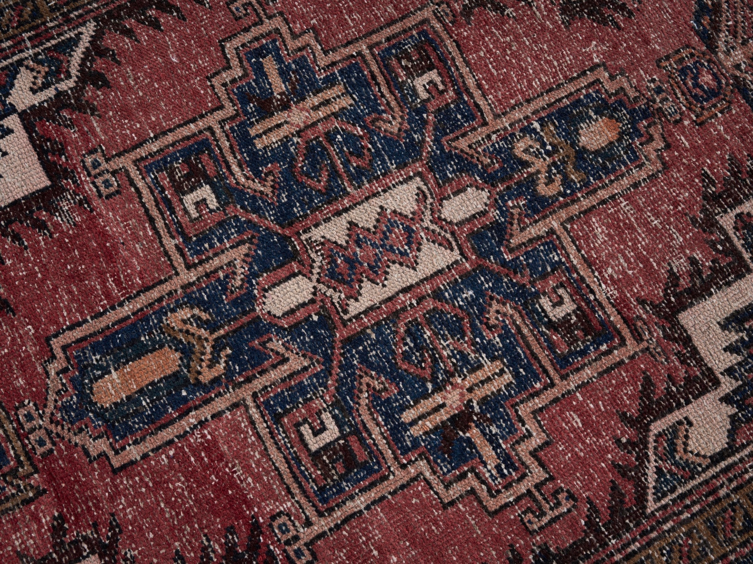 Persian Gharajeh runner rug in faded red and navy, view 7 of 10