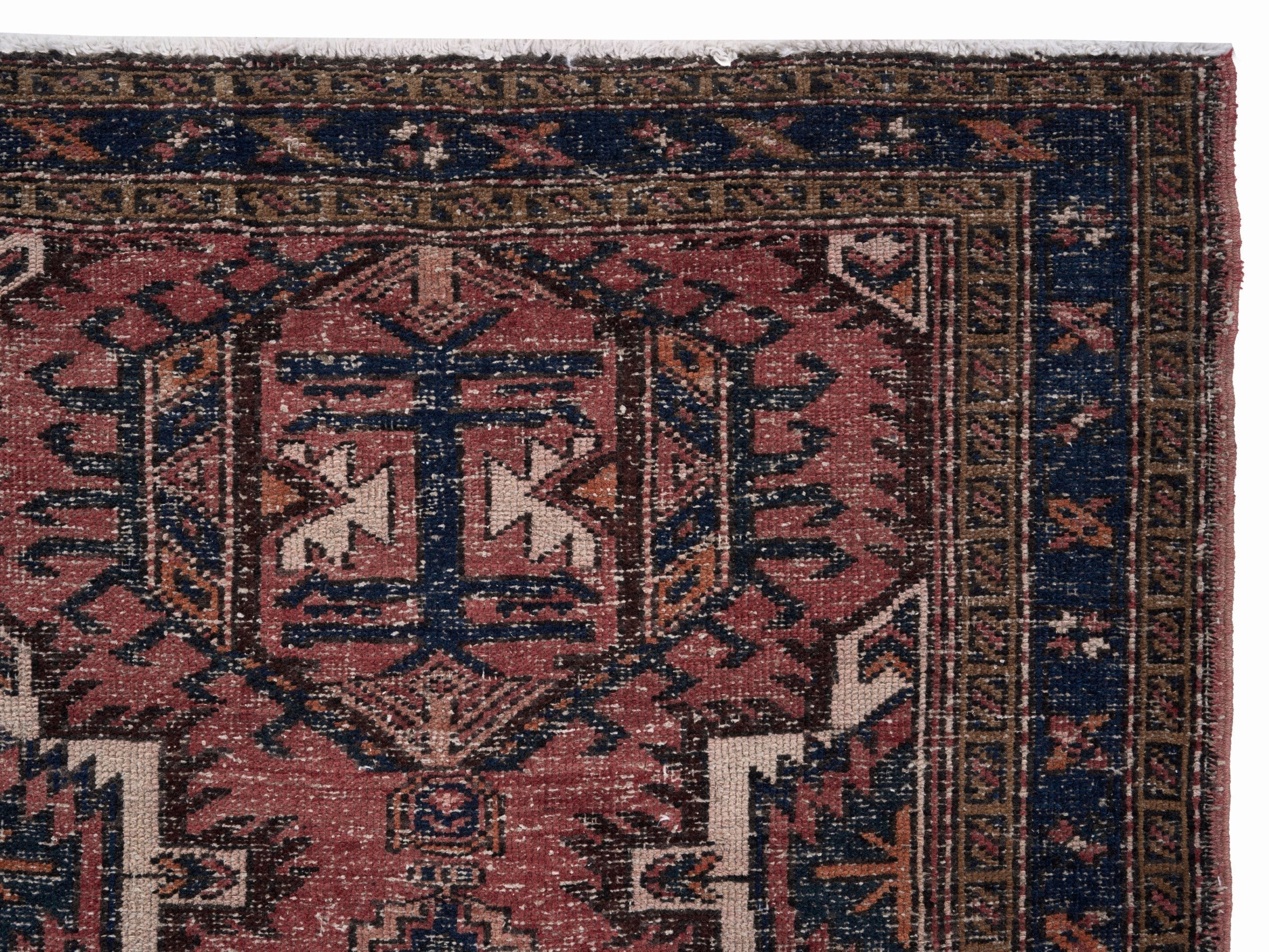 Persian Gharajeh runner rug in faded red and navy, view 8 of 10