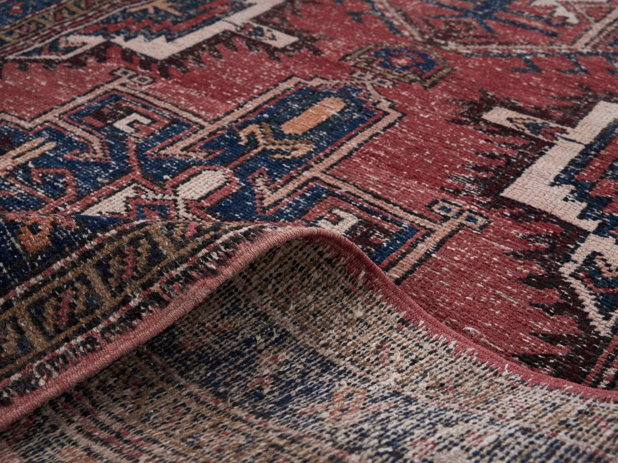 Persian Gharajeh runner rug in faded red and navy, view 9 of 10