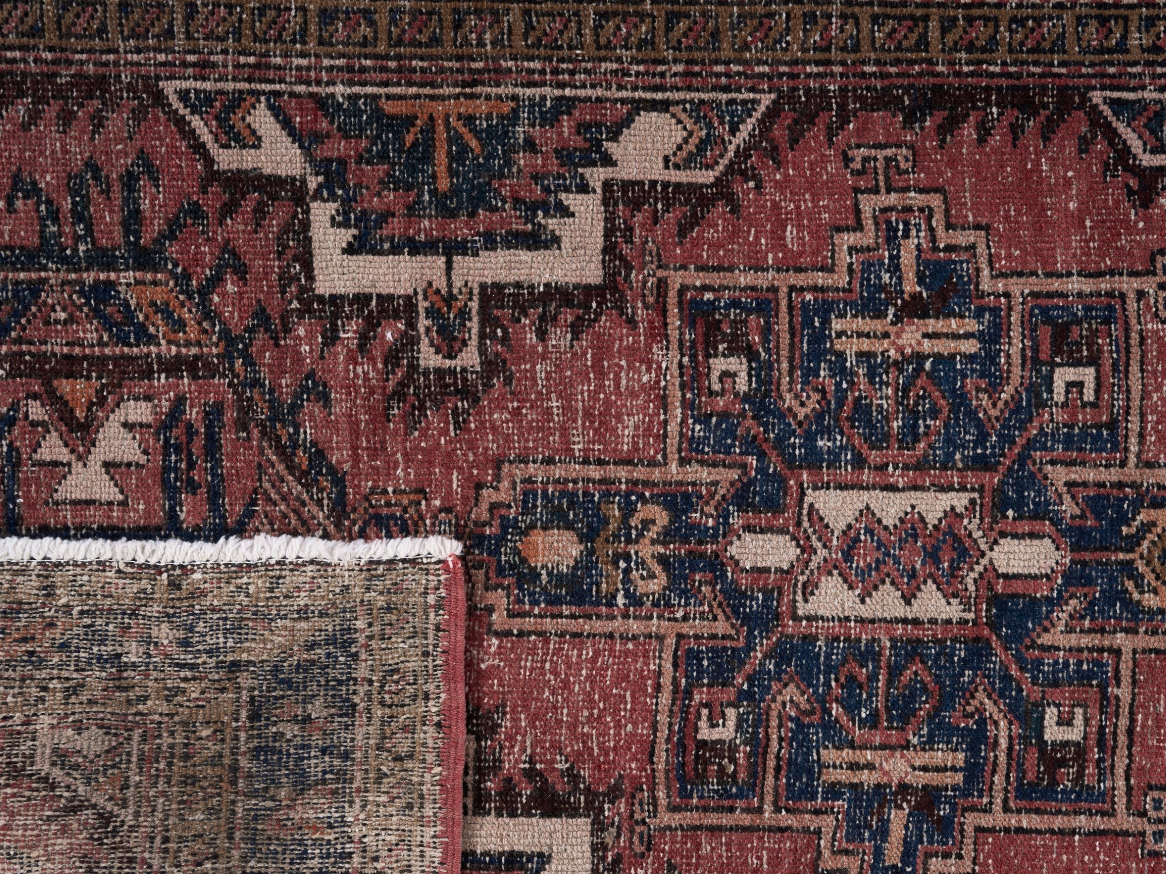 Persian Gharajeh runner rug in faded red and navy, view 10 of 10