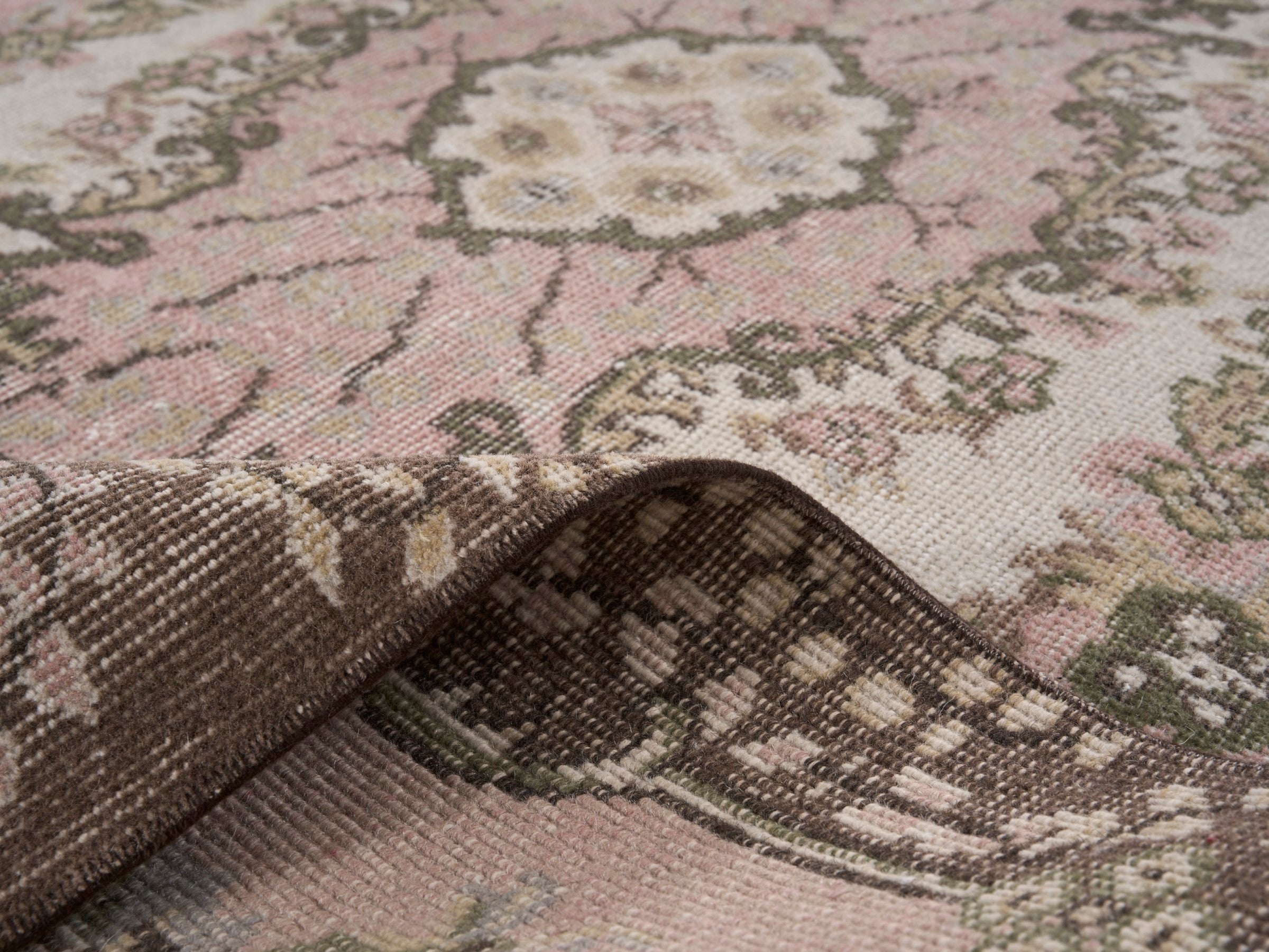 Turkish Isparta area rug in cream and muted pink, view 9 of 10