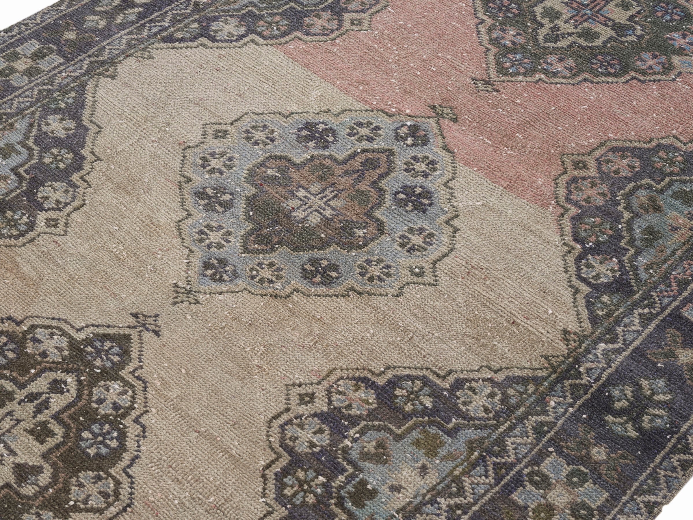 Turkish Anatolian area rug in beige and rose, view 5 of 10