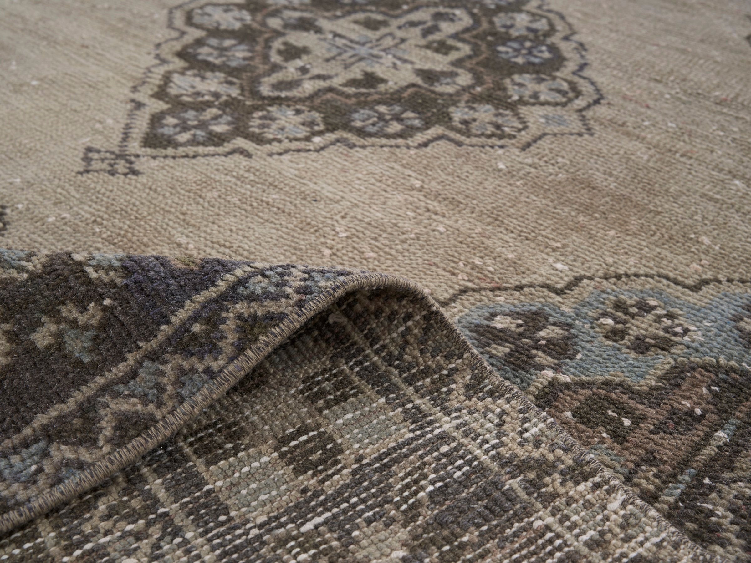 Turkish Anatolian area rug in beige and rose, view 9 of 10