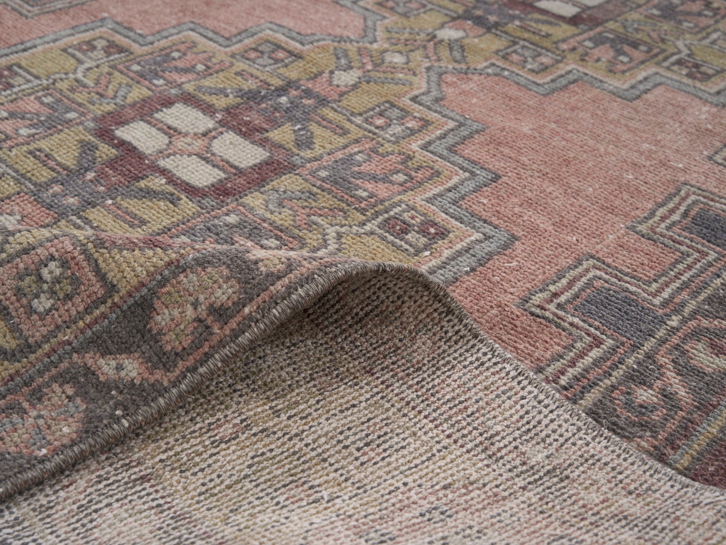 Turkish Anatolian area rug in muted pink and slate, view 9 of 10