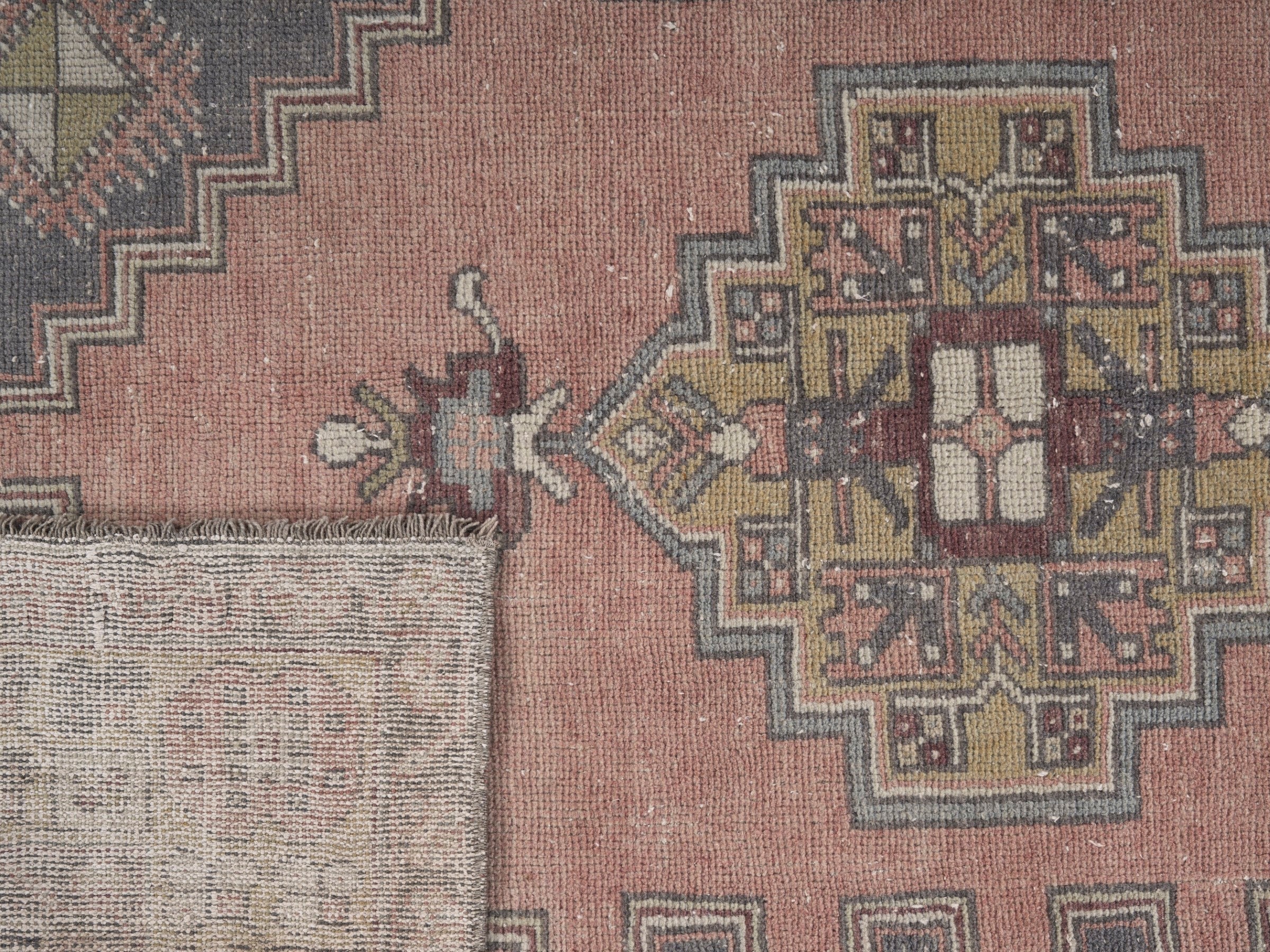 Turkish Anatolian area rug in muted pink and slate, view 10 of 10