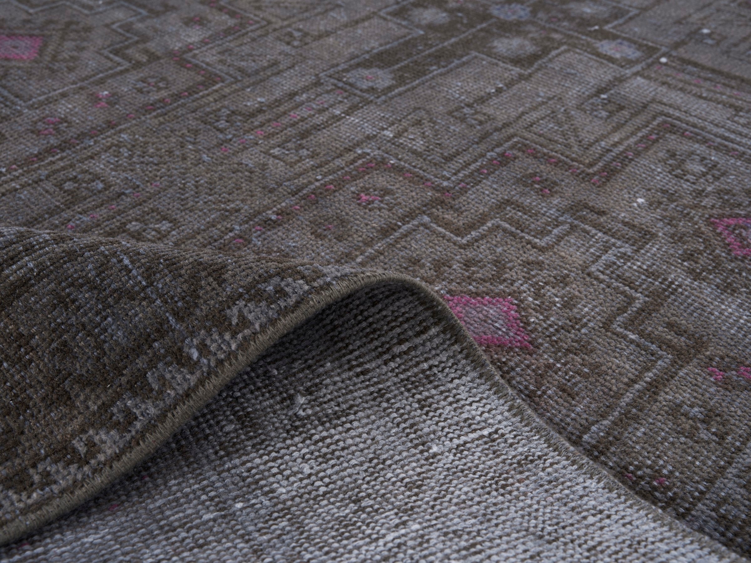 Persian Baluch runner rug in smoke and dusty rose, view 9 of 10