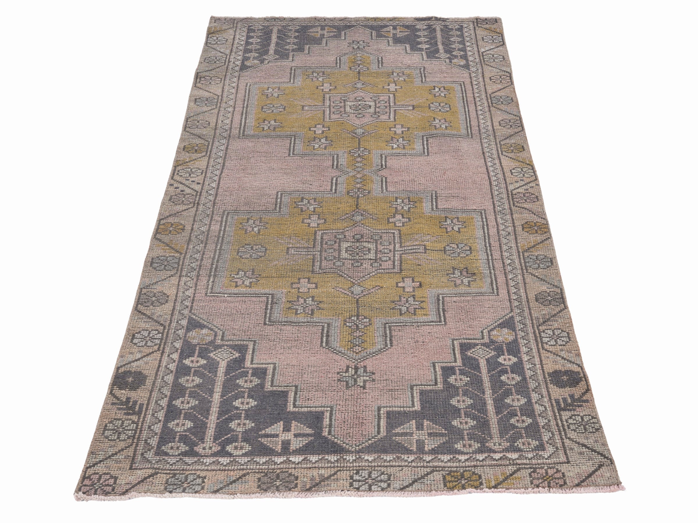 Turkish Anatolian runner rug in muted pink and muted yellow, view 2 of 10
