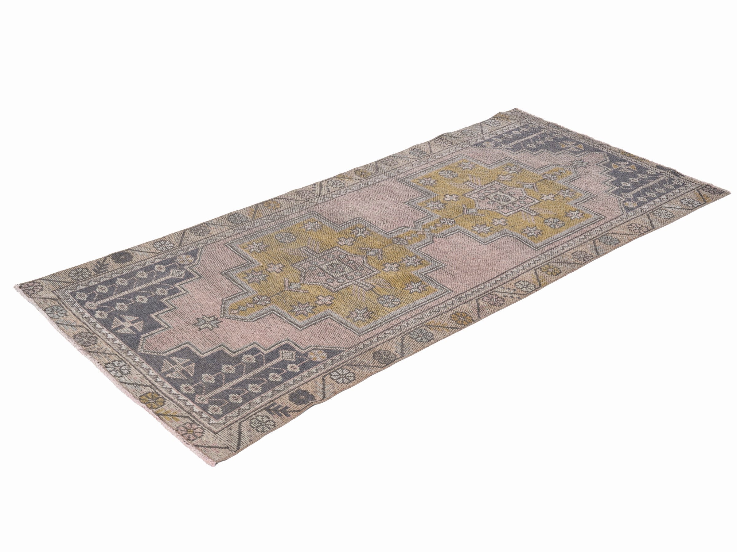 Turkish Anatolian runner rug in muted pink and muted yellow, view 3 of 10