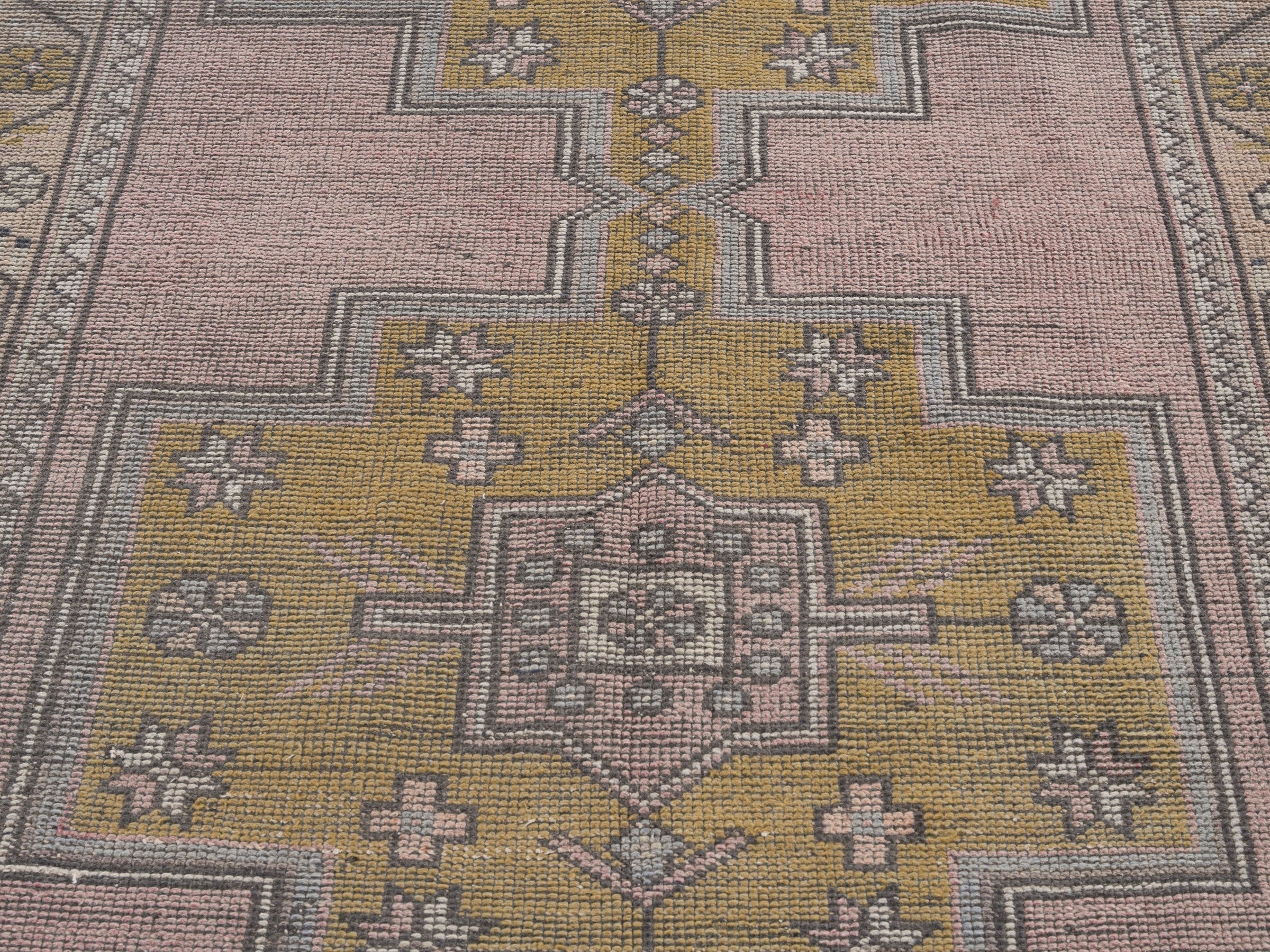 Turkish Anatolian runner rug in muted pink and muted yellow, view 4 of 10