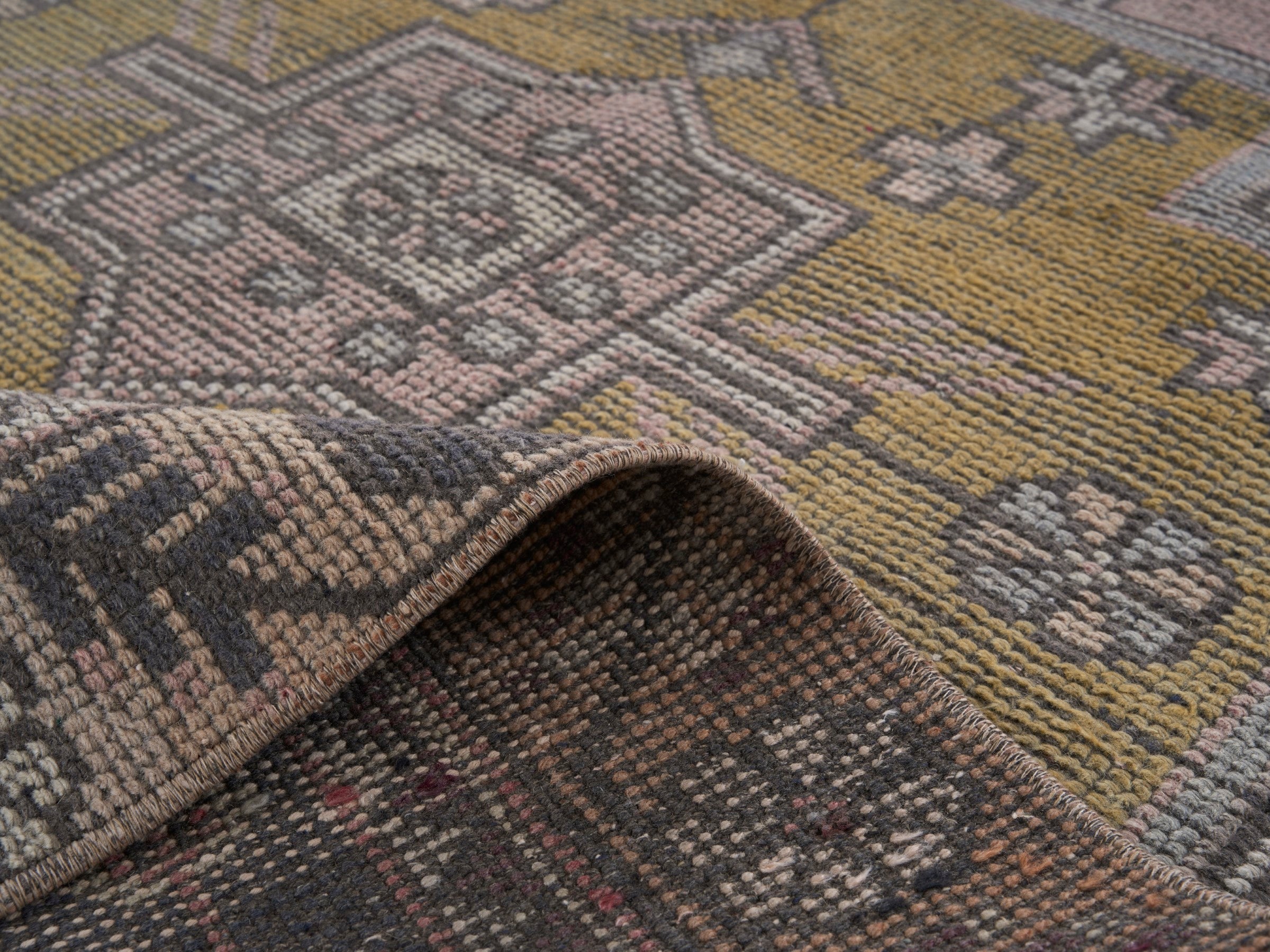 Turkish Anatolian runner rug in muted pink and muted yellow, view 9 of 10