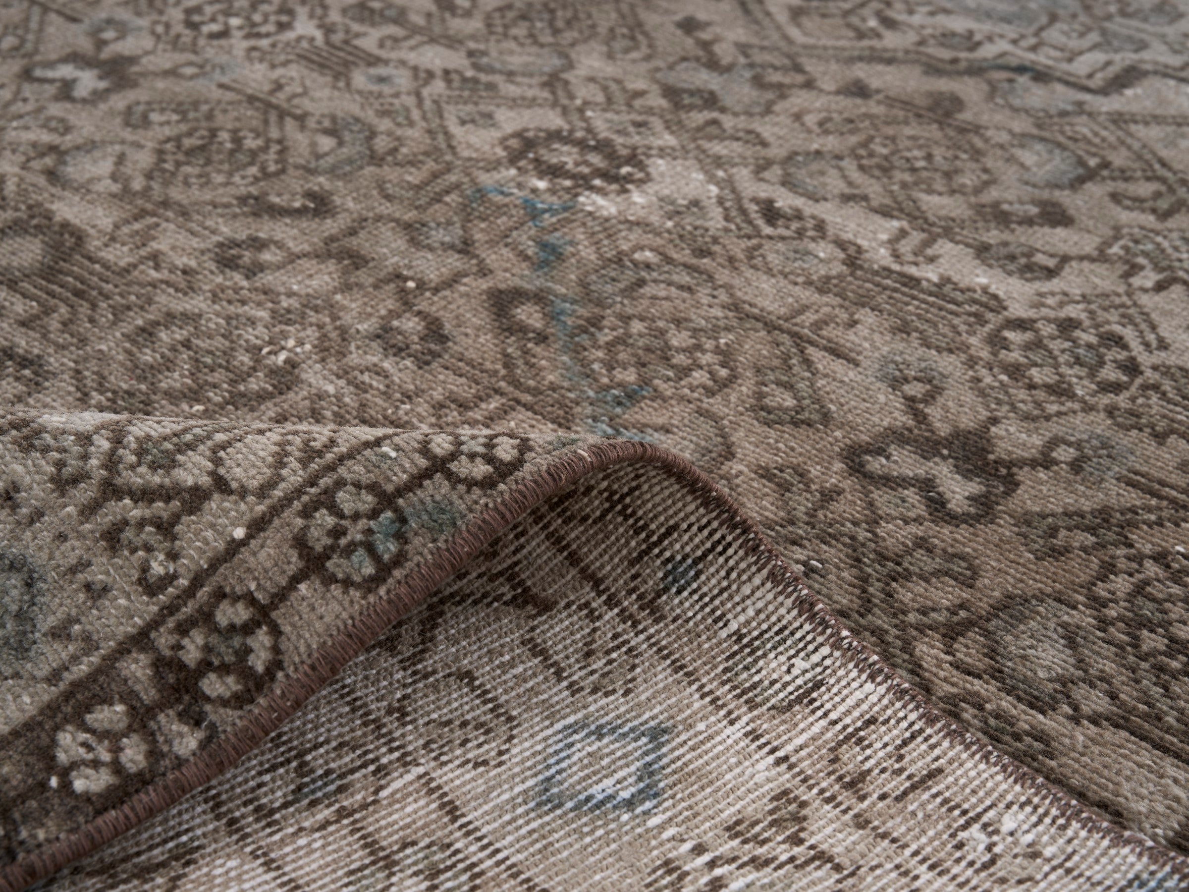Persian Hamedan runner rug in taupe and greige, view 9 of 10