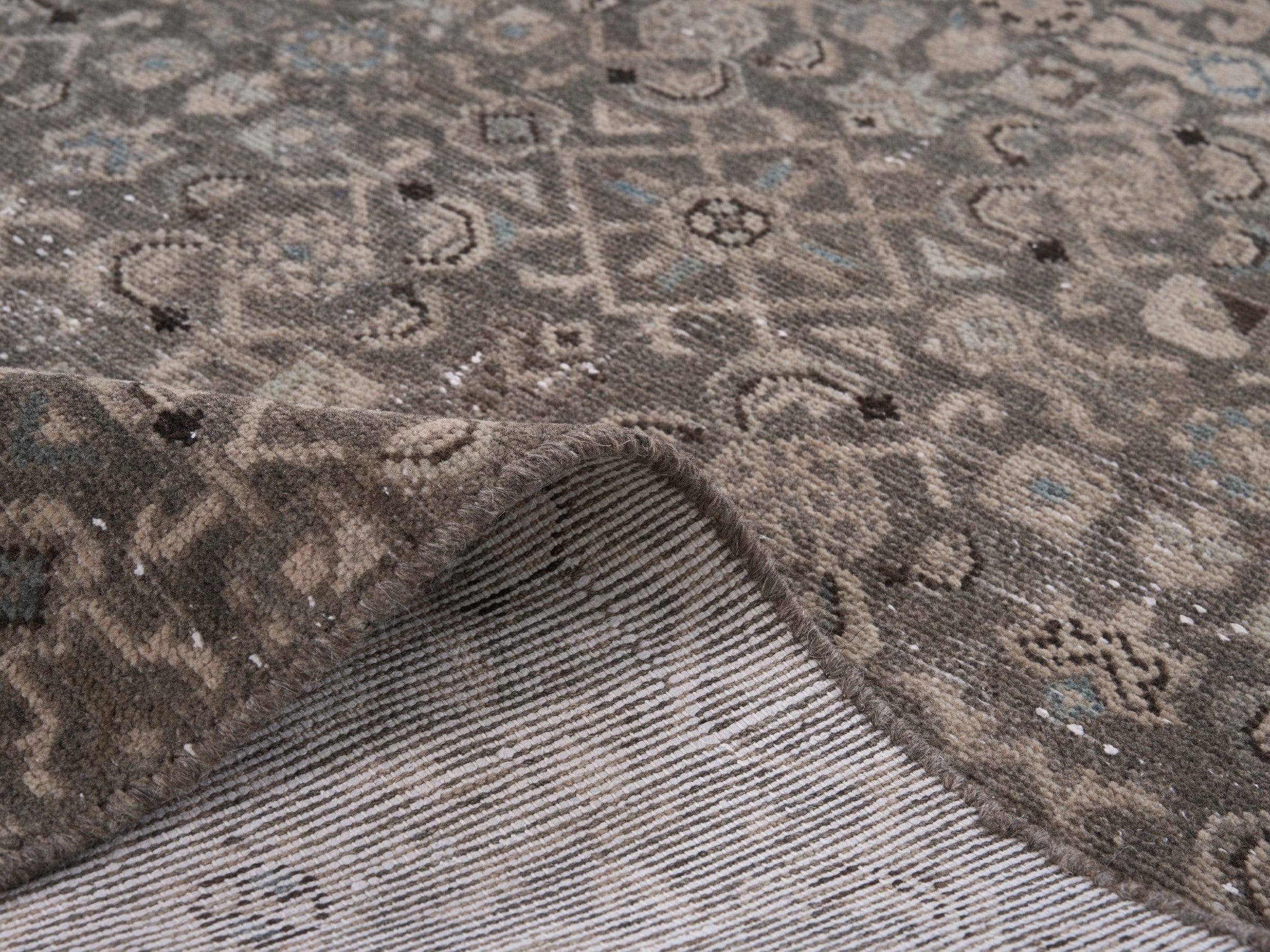 Persian Hamedan runner rug in taupe and stone, view 9 of 10