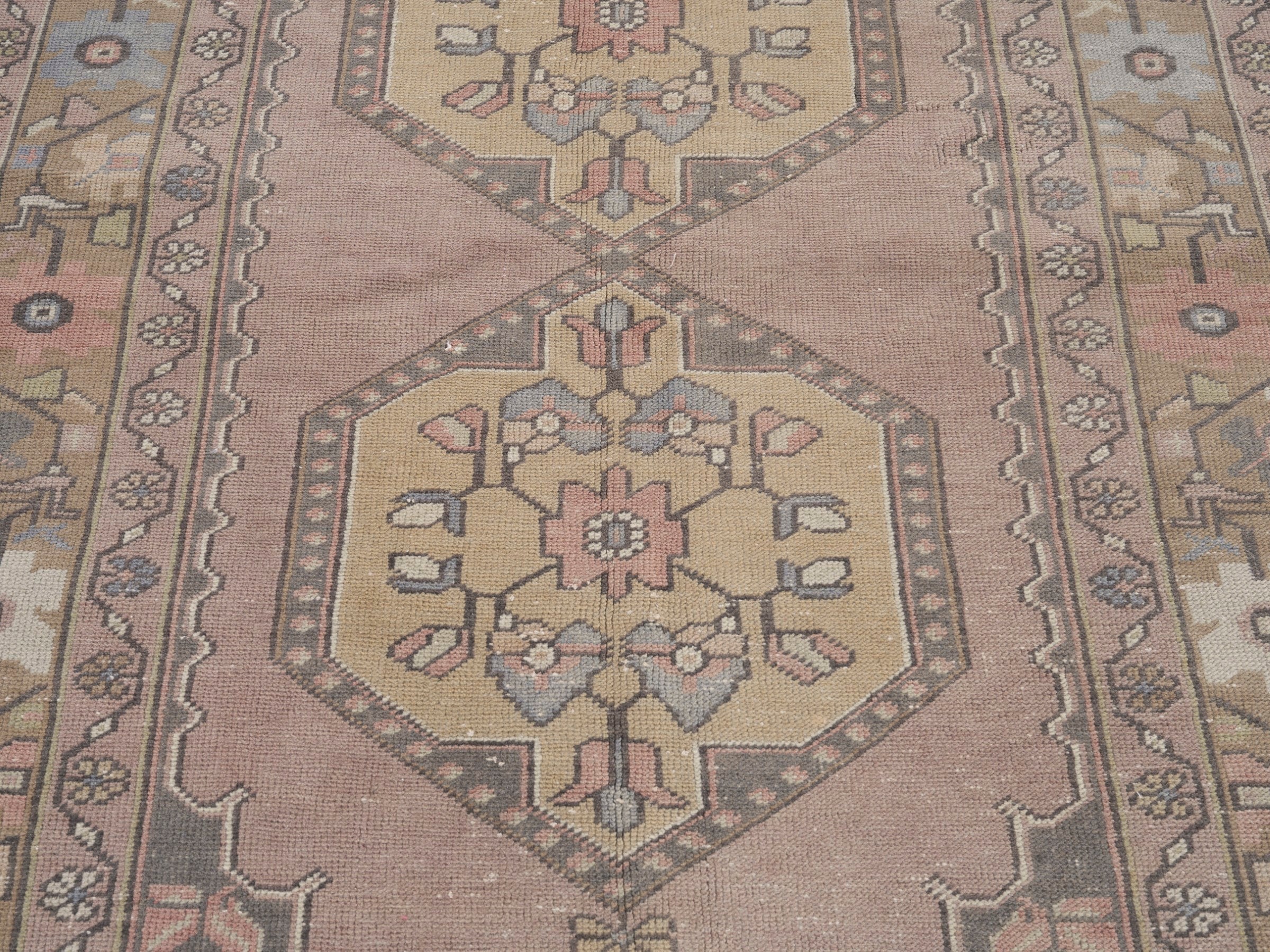 Turkish Anatolian runner rug in dusty rose and khaki, view 4 of 10