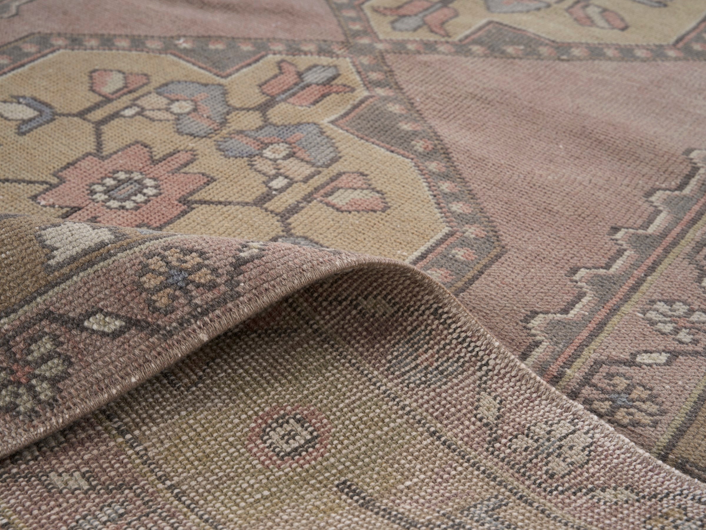 Turkish Anatolian runner rug in dusty rose and khaki, view 9 of 10