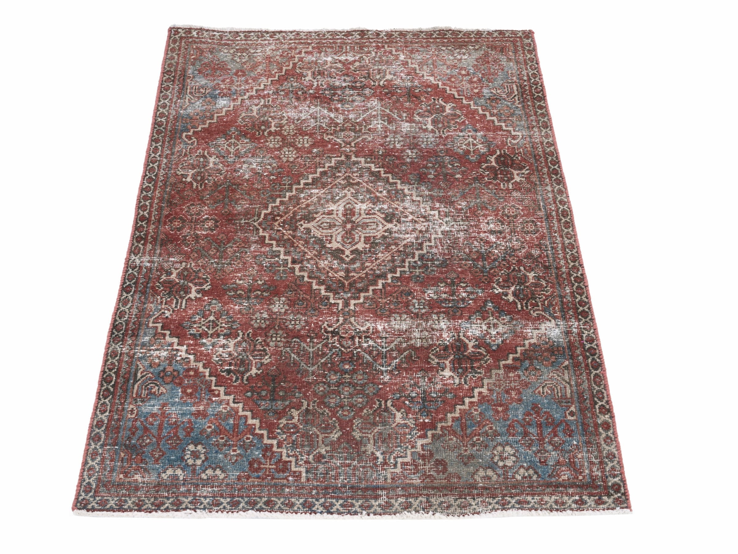 Persian Joshaghan accent rug in faded red and cream, view 2 of 10