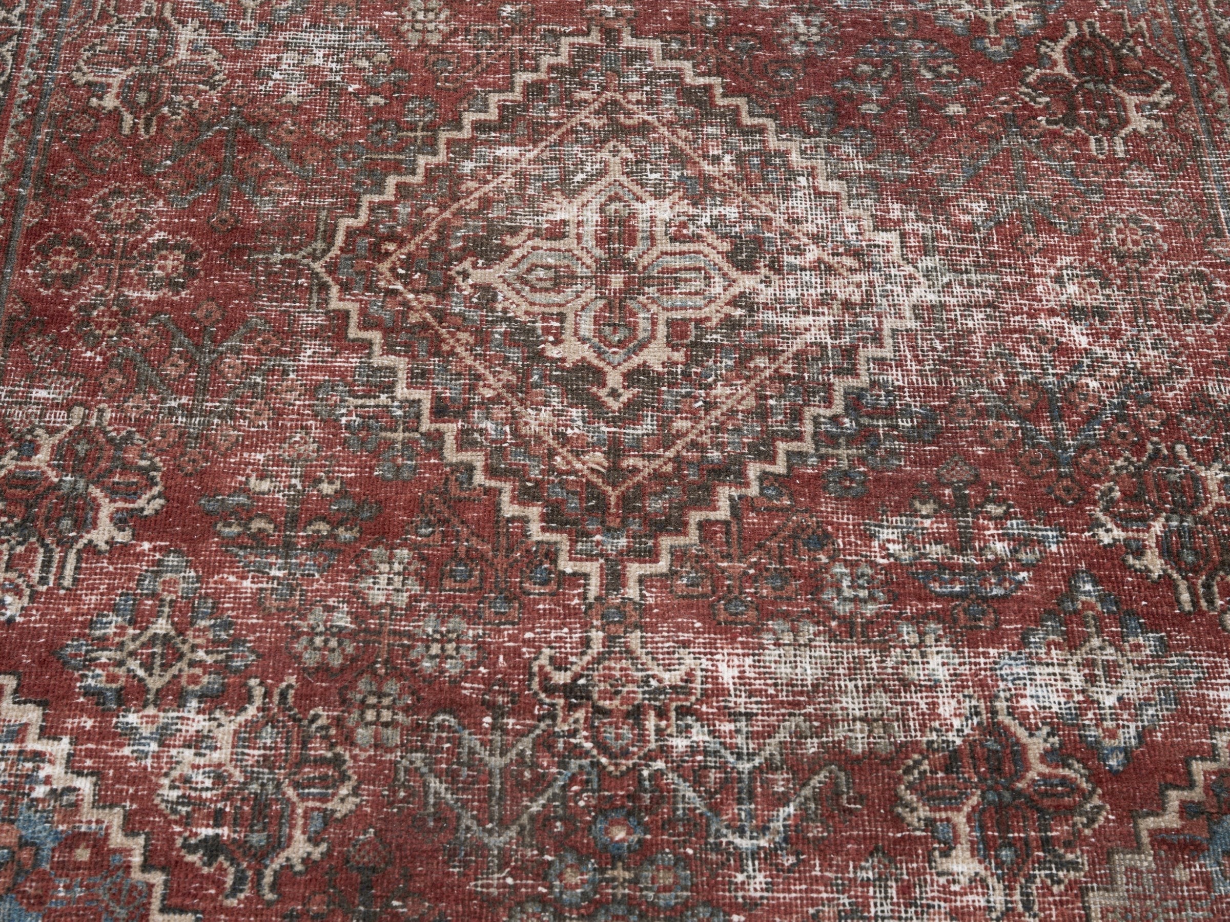 Persian Joshaghan accent rug in faded red and cream, view 4 of 10