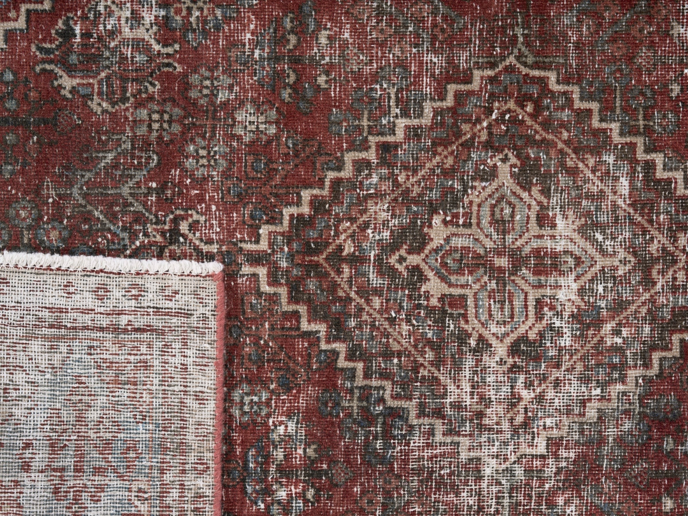 Persian Joshaghan accent rug in faded red and cream, view 10 of 10