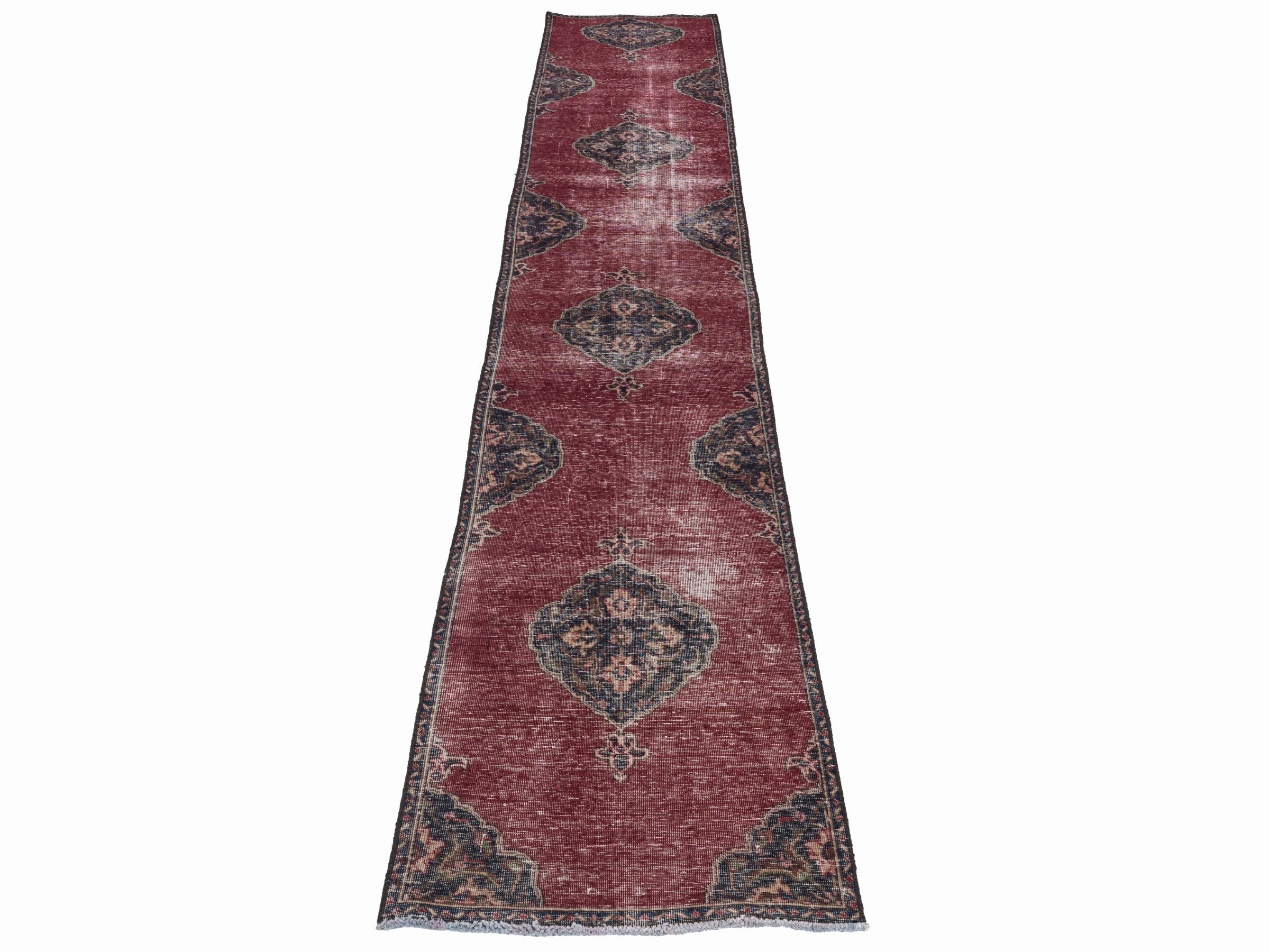 Persian Tabriz runner rug in faded red and dark blue, view 2 of 10