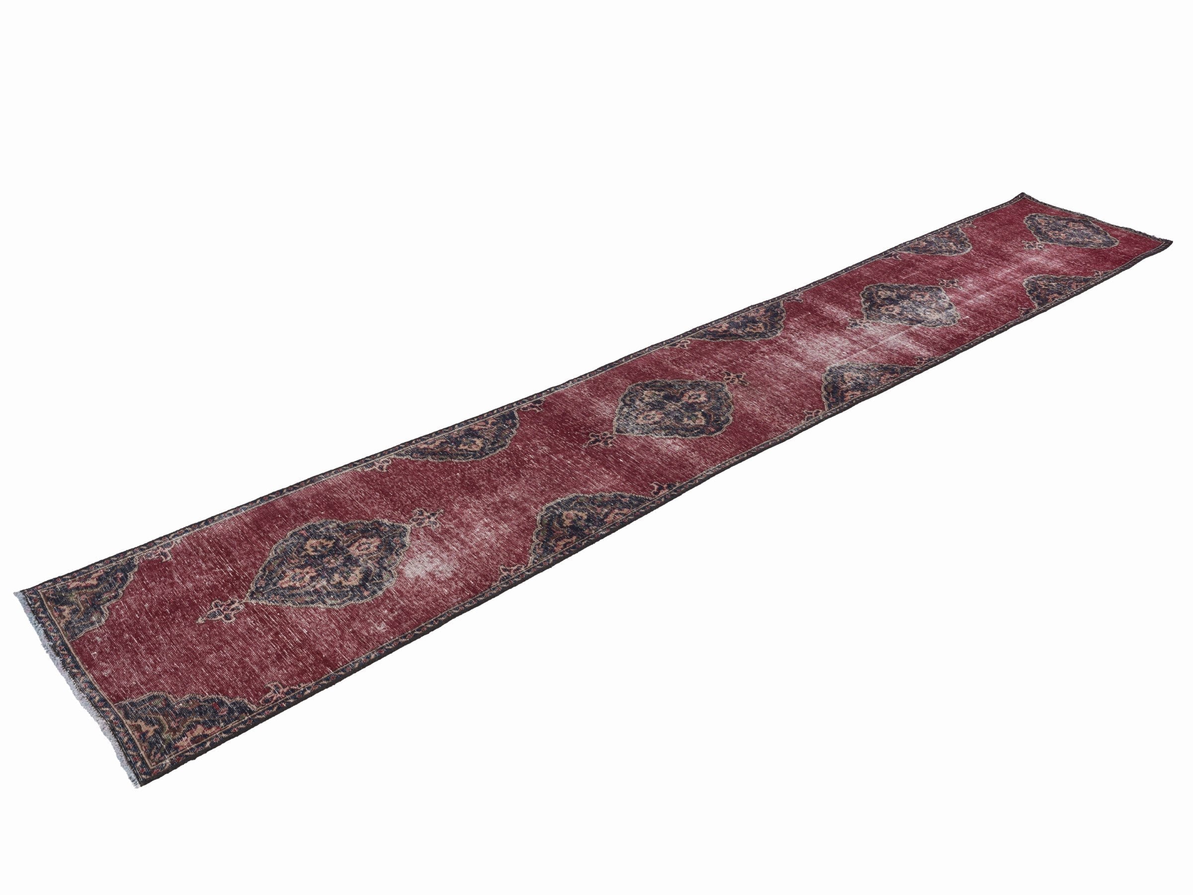Persian Tabriz runner rug in faded red and dark blue, view 3 of 10