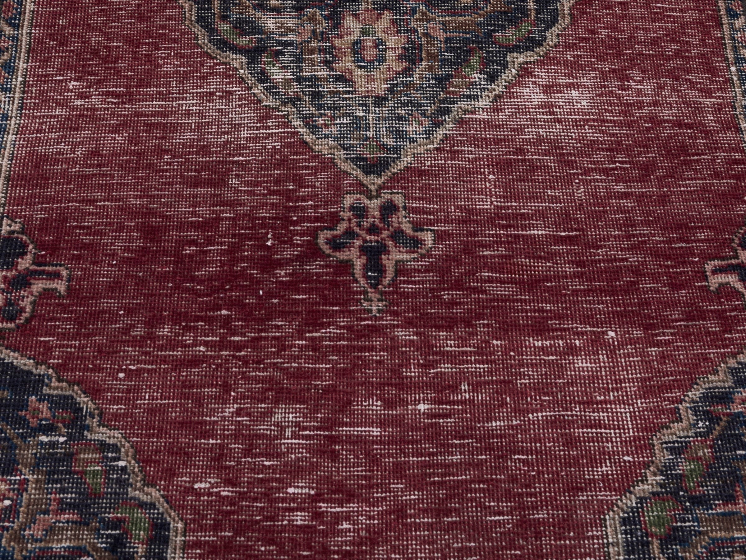 Persian Tabriz runner rug in faded red and dark blue, view 4 of 10