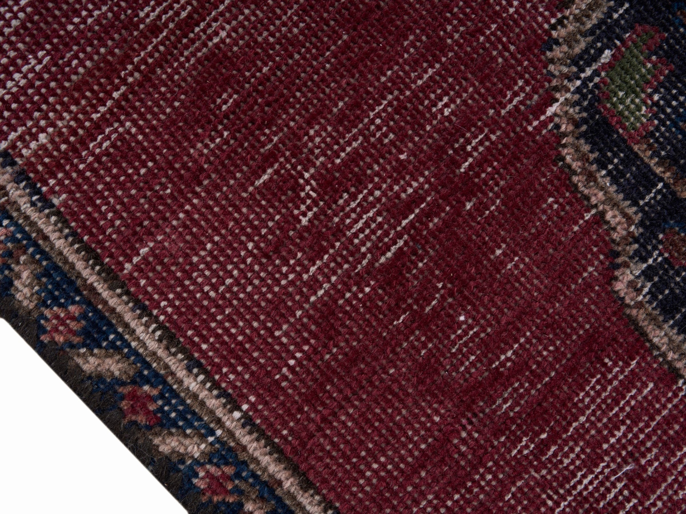 Persian Tabriz runner rug in faded red and dark blue, view 6 of 10