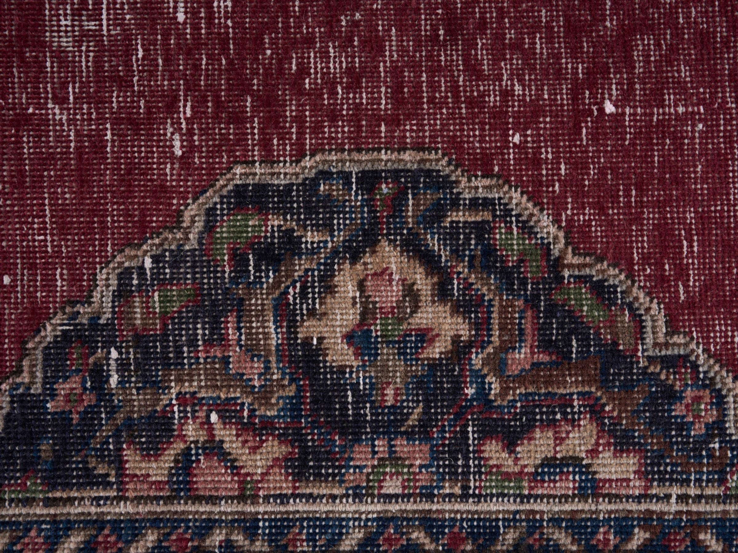 Persian Tabriz runner rug in faded red and dark blue, view 7 of 10