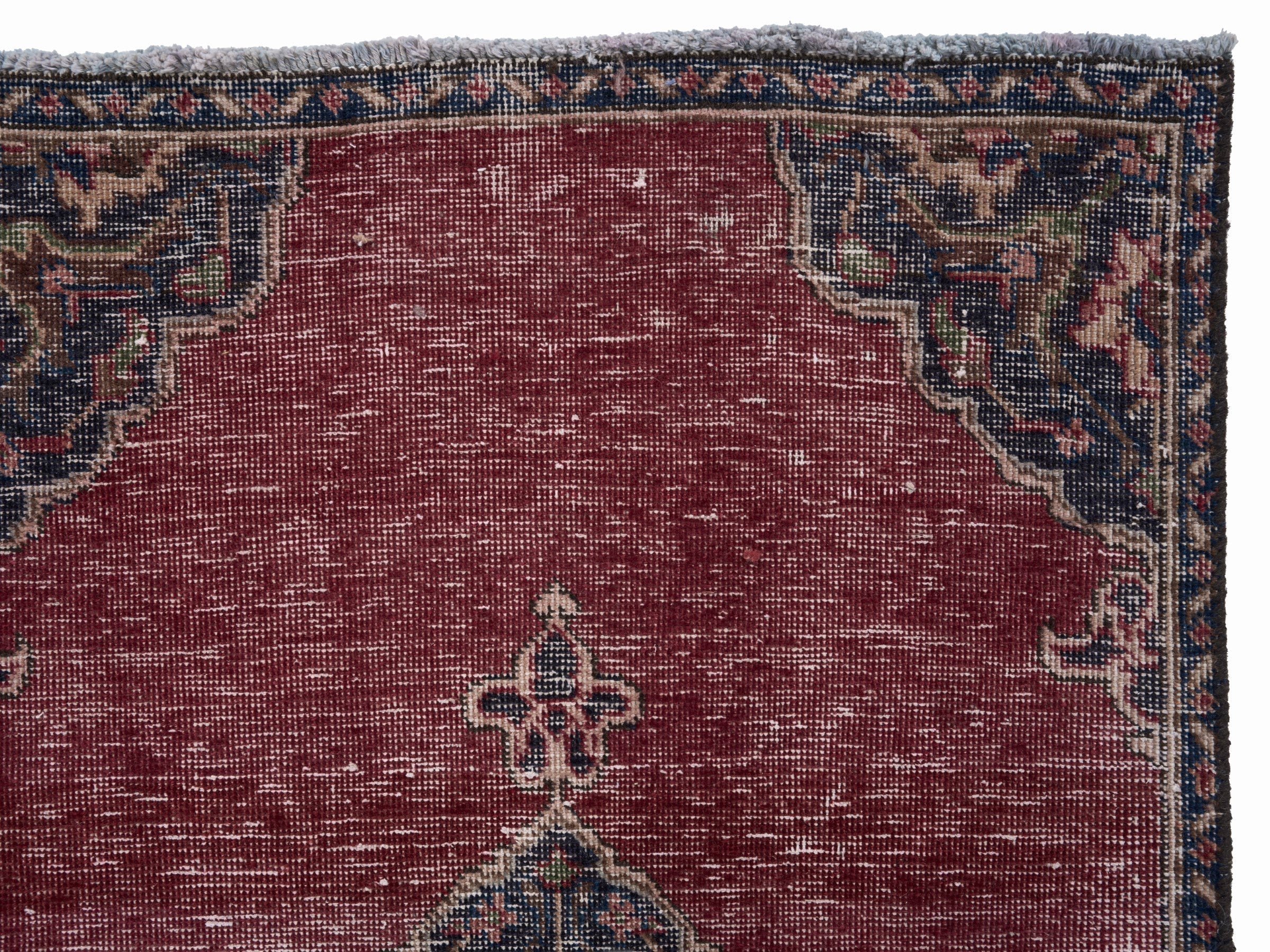 Persian Tabriz runner rug in faded red and dark blue, view 8 of 10