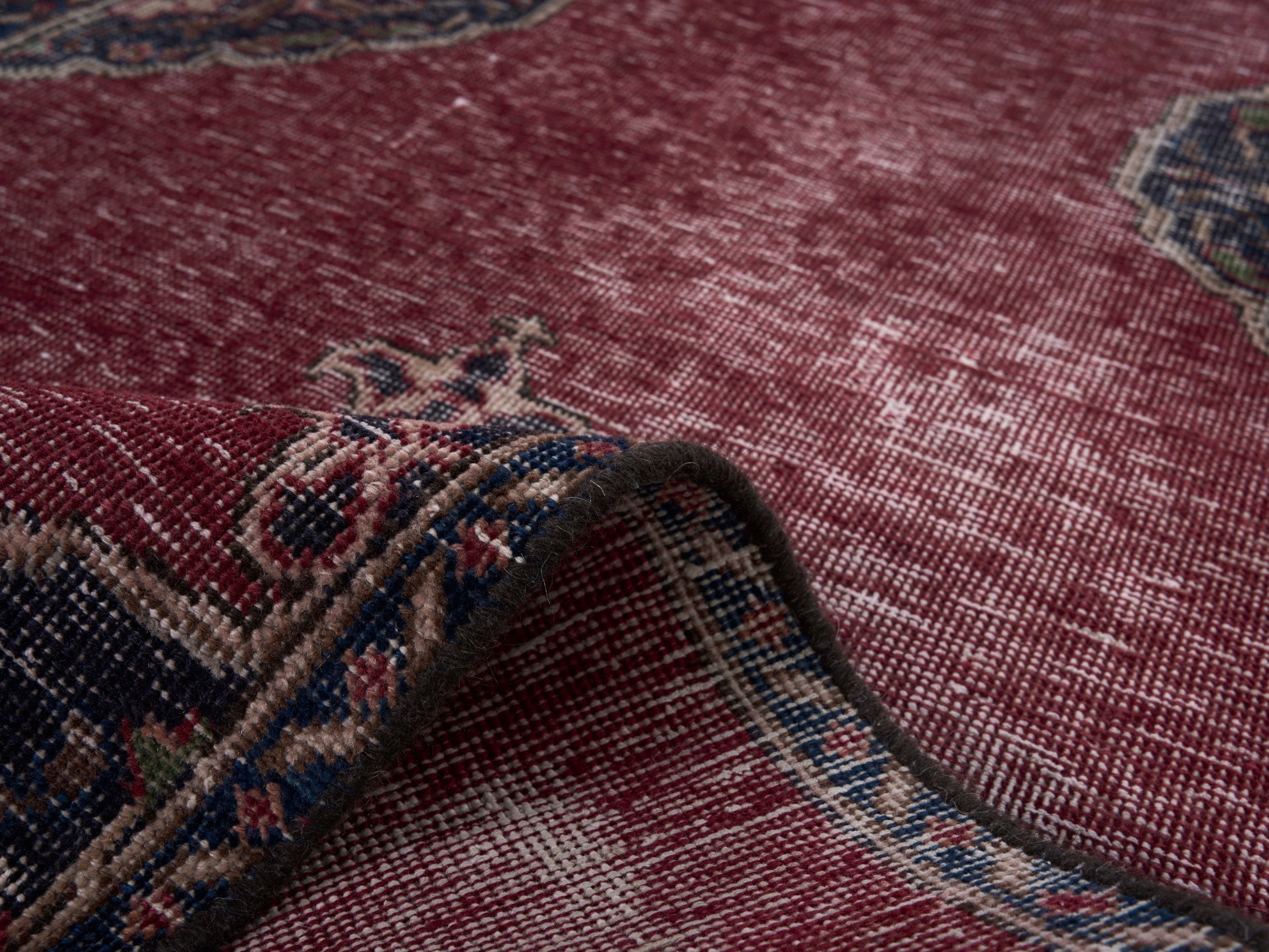 Persian Tabriz runner rug in faded red and dark blue, view 9 of 10