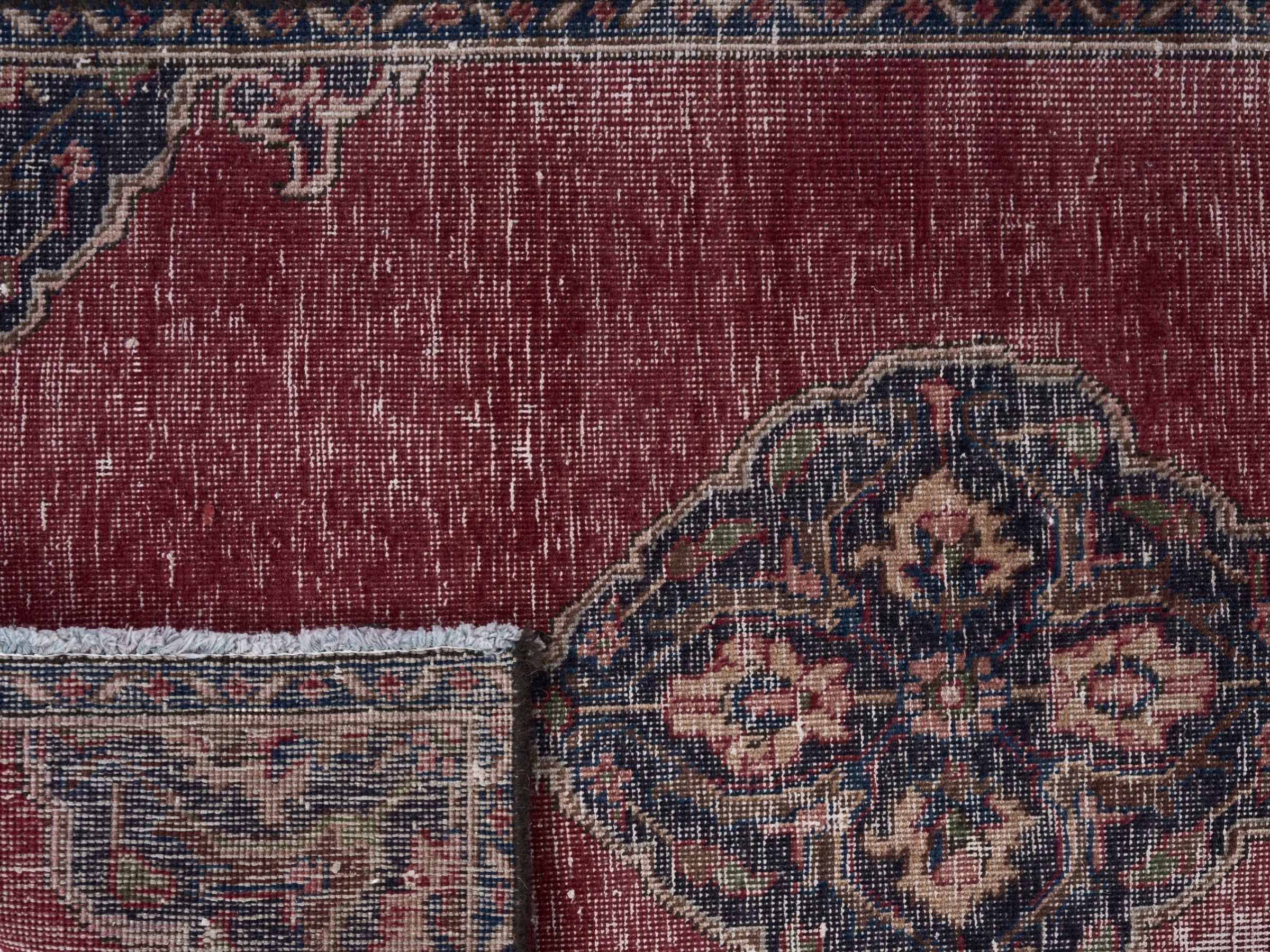 Persian Tabriz runner rug in faded red and dark blue, view 10 of 10