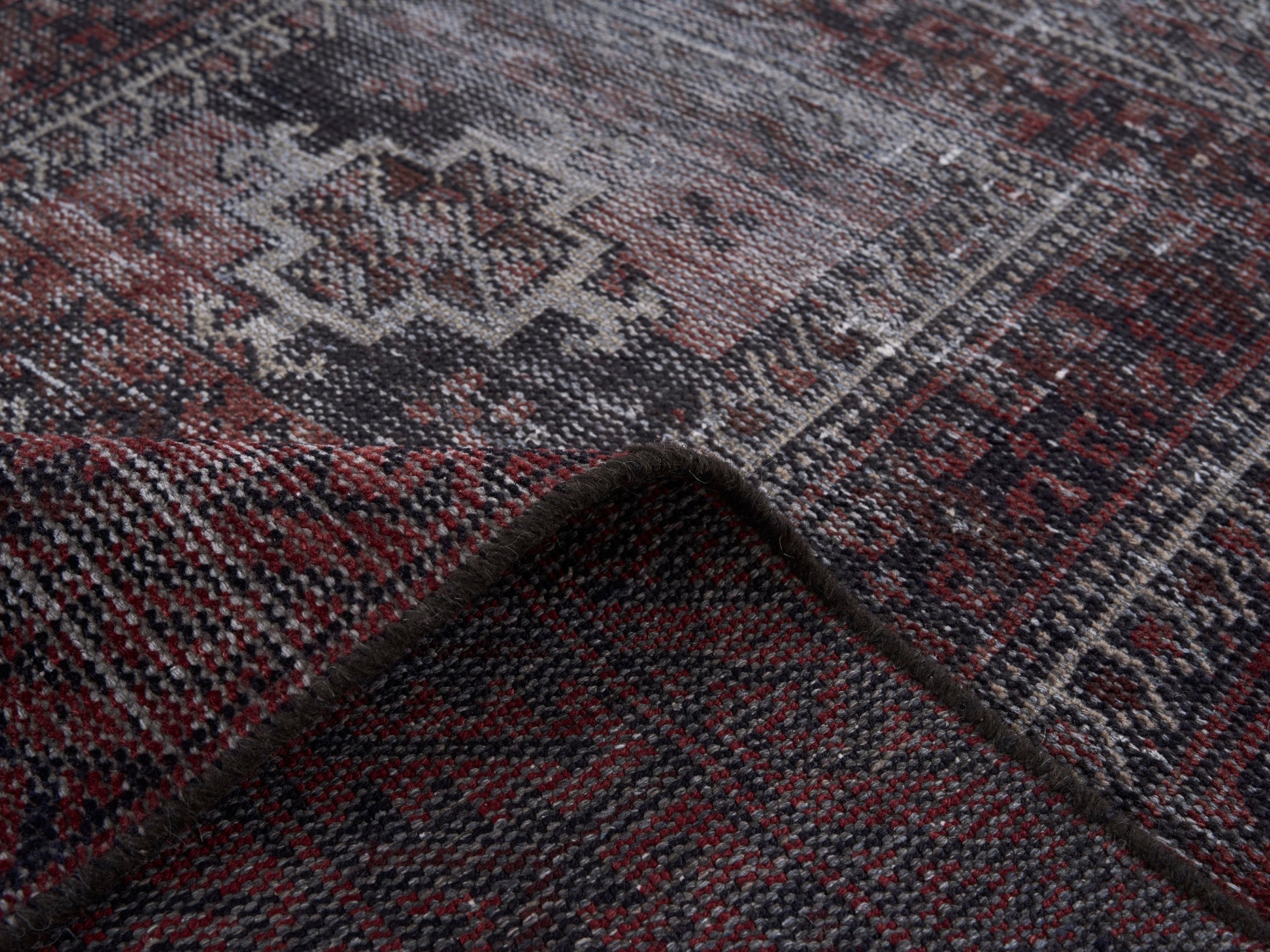 Persian Baluch area rug in burgundy and sage, view 9 of 10