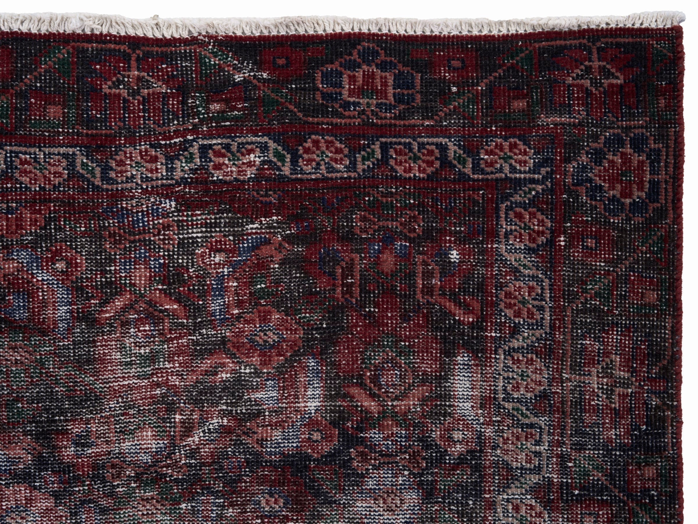 Persian Ferdos runner rug in faded red and burgundy, view 8 of 10