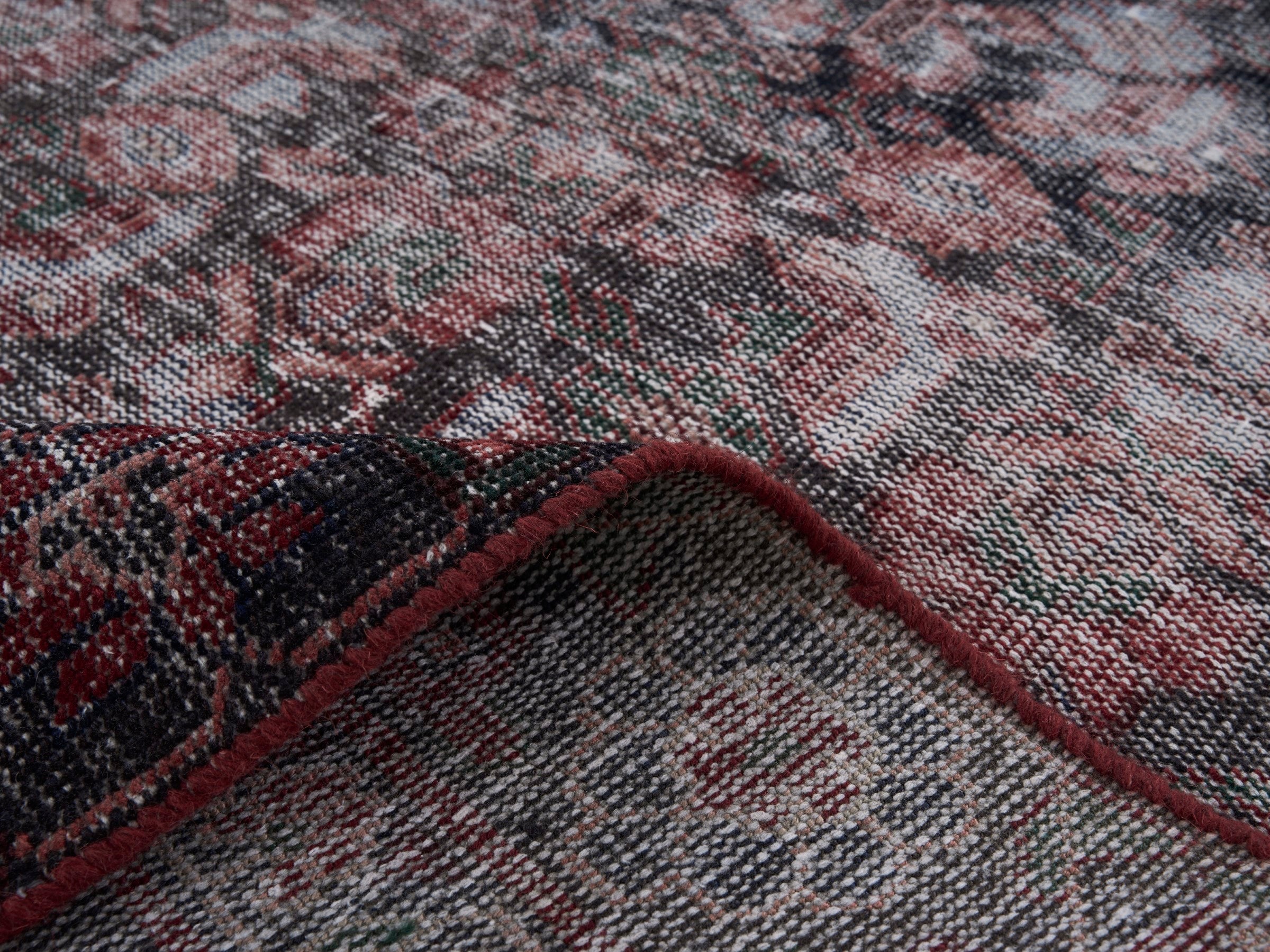 Persian Ferdos runner rug in faded red and burgundy, view 9 of 10