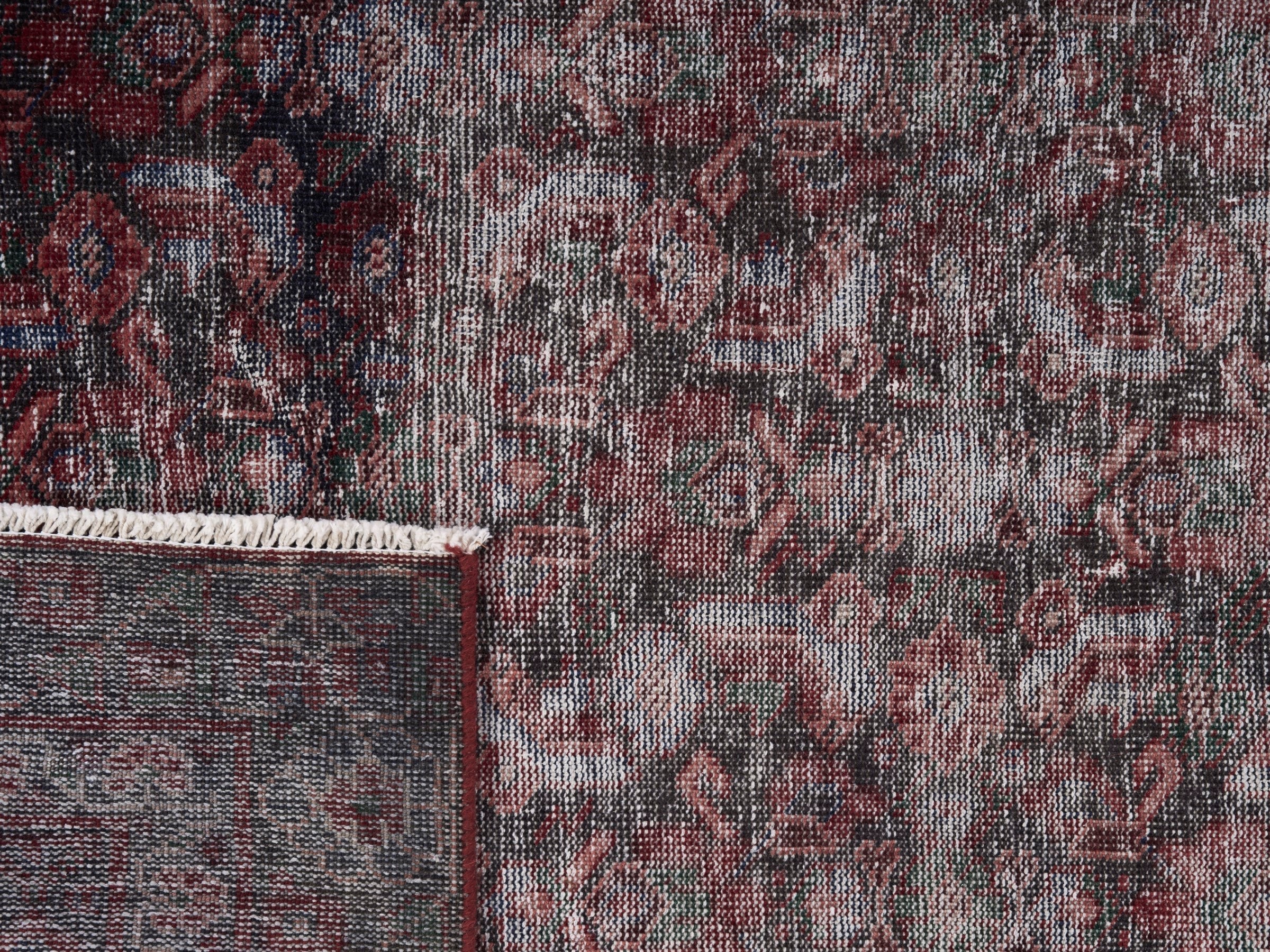 Persian Ferdos runner rug in faded red and burgundy, view 10 of 10