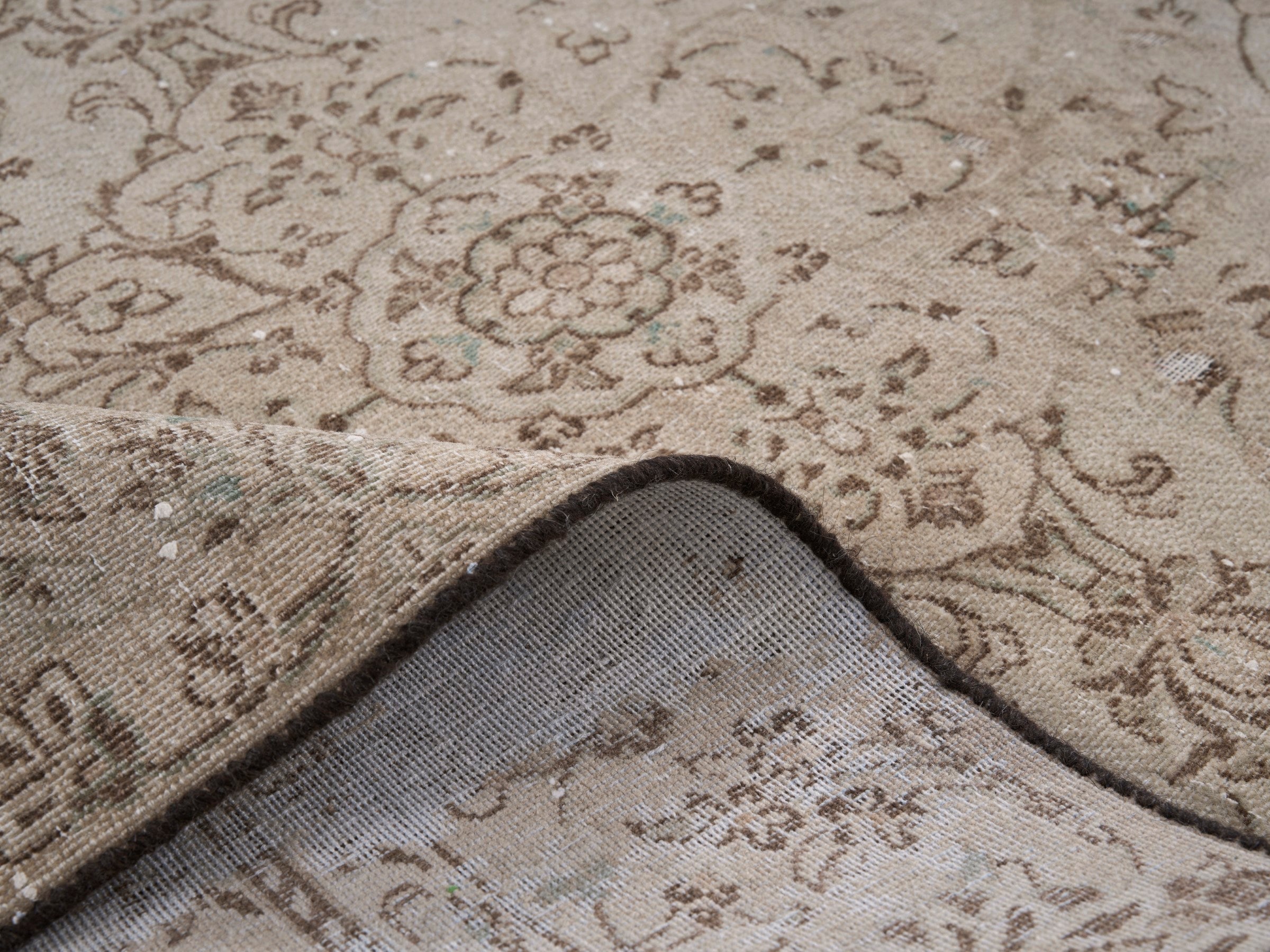 Persian Kashan area rug in greige and taupe, view 9 of 10