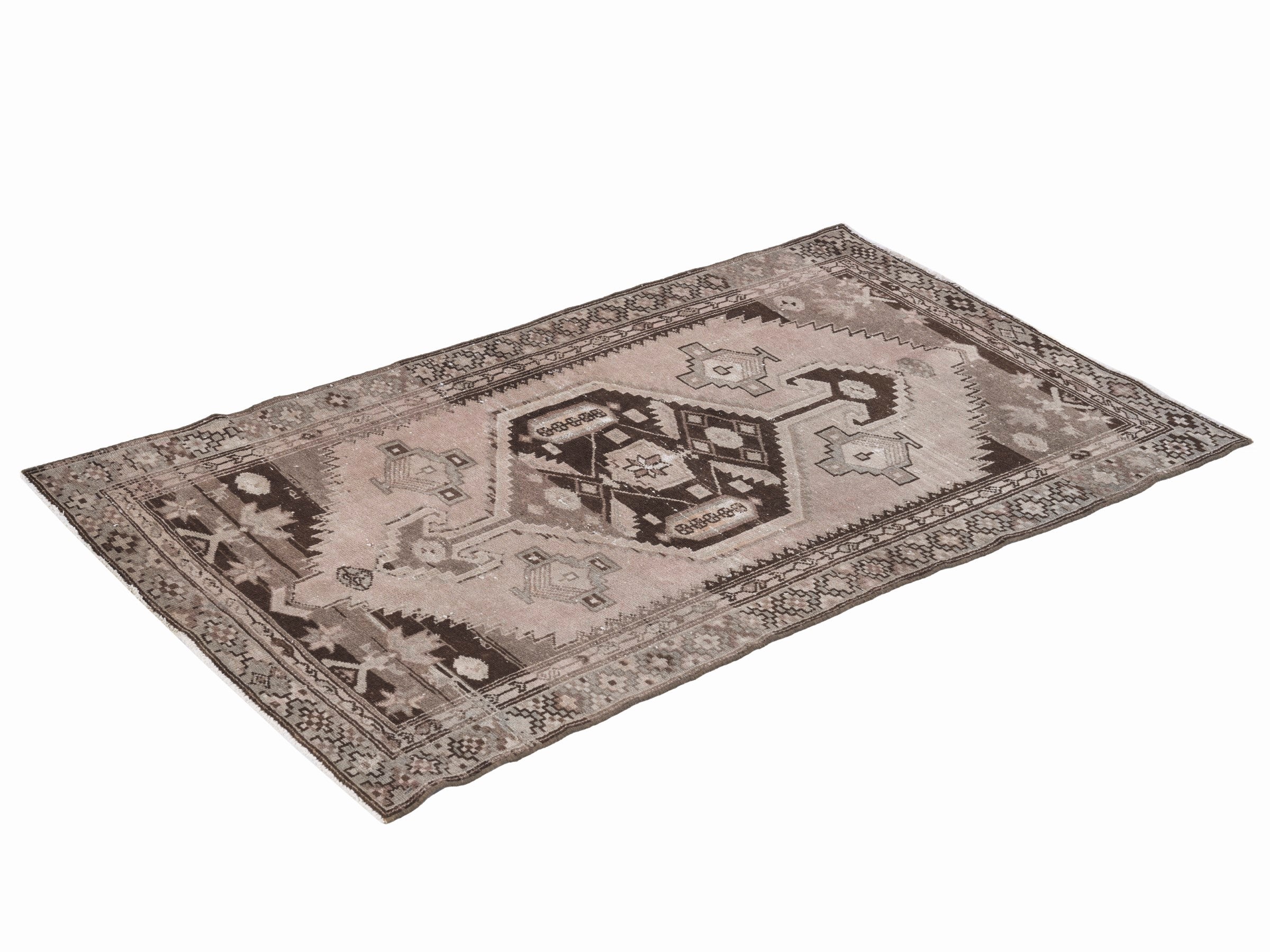 Persian Zanjan accent rug in muted pink and dark brown, view 3 of 10