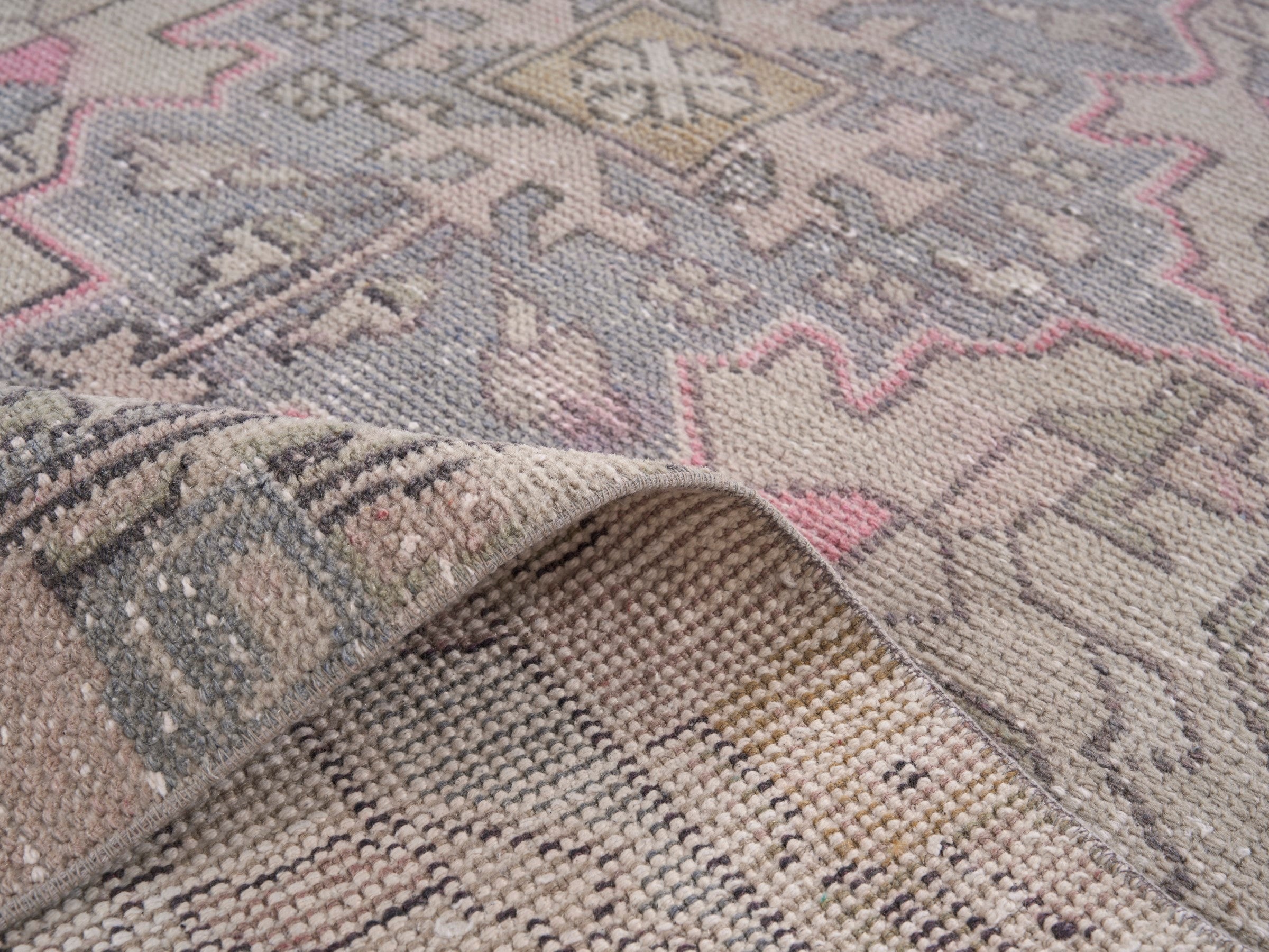 Turkish Anatolian area rug in beige and dusty blue, view 9 of 10